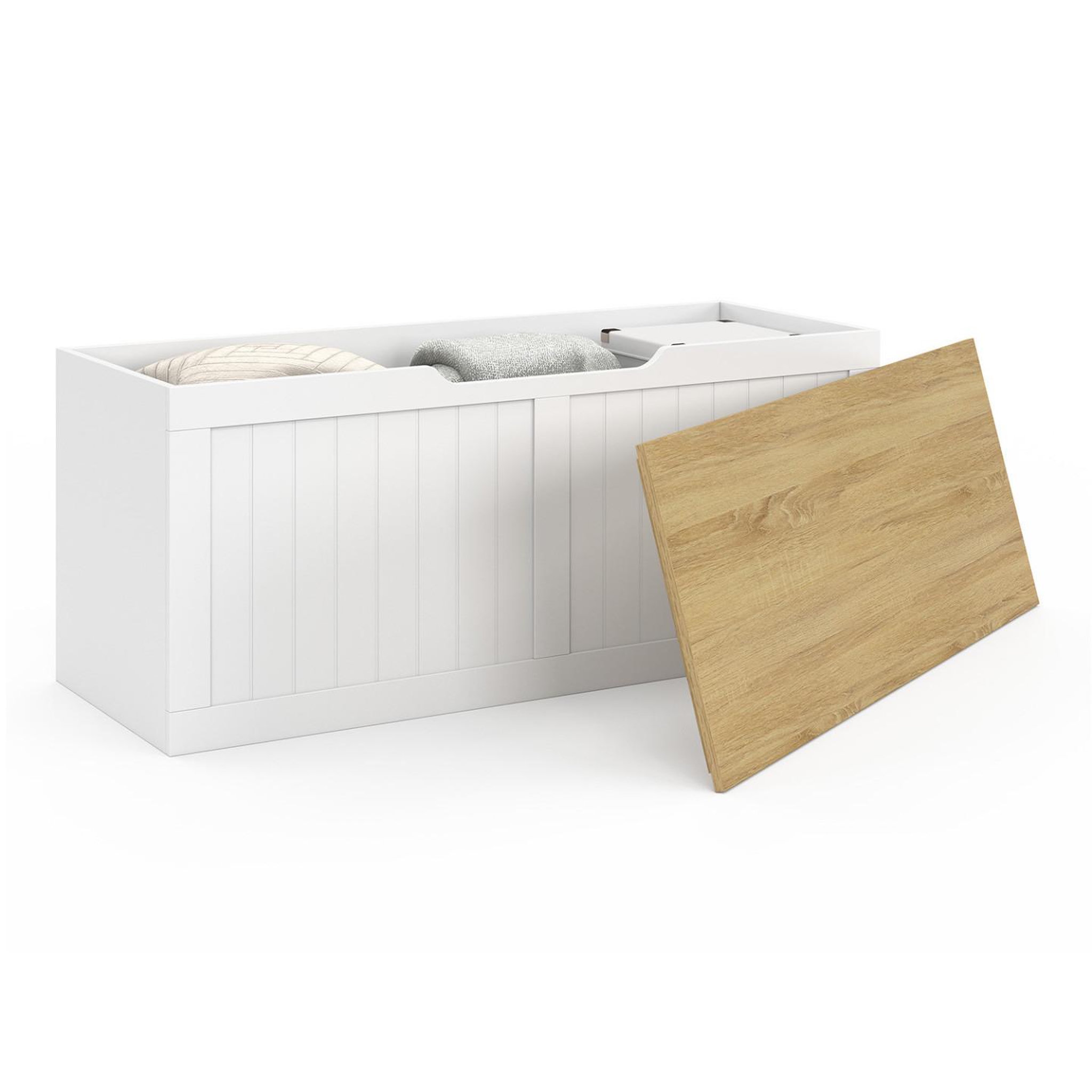 Voir la diapositive 4 : ID MARKET Banc coffre rangement 100 cm leon bois et blanc