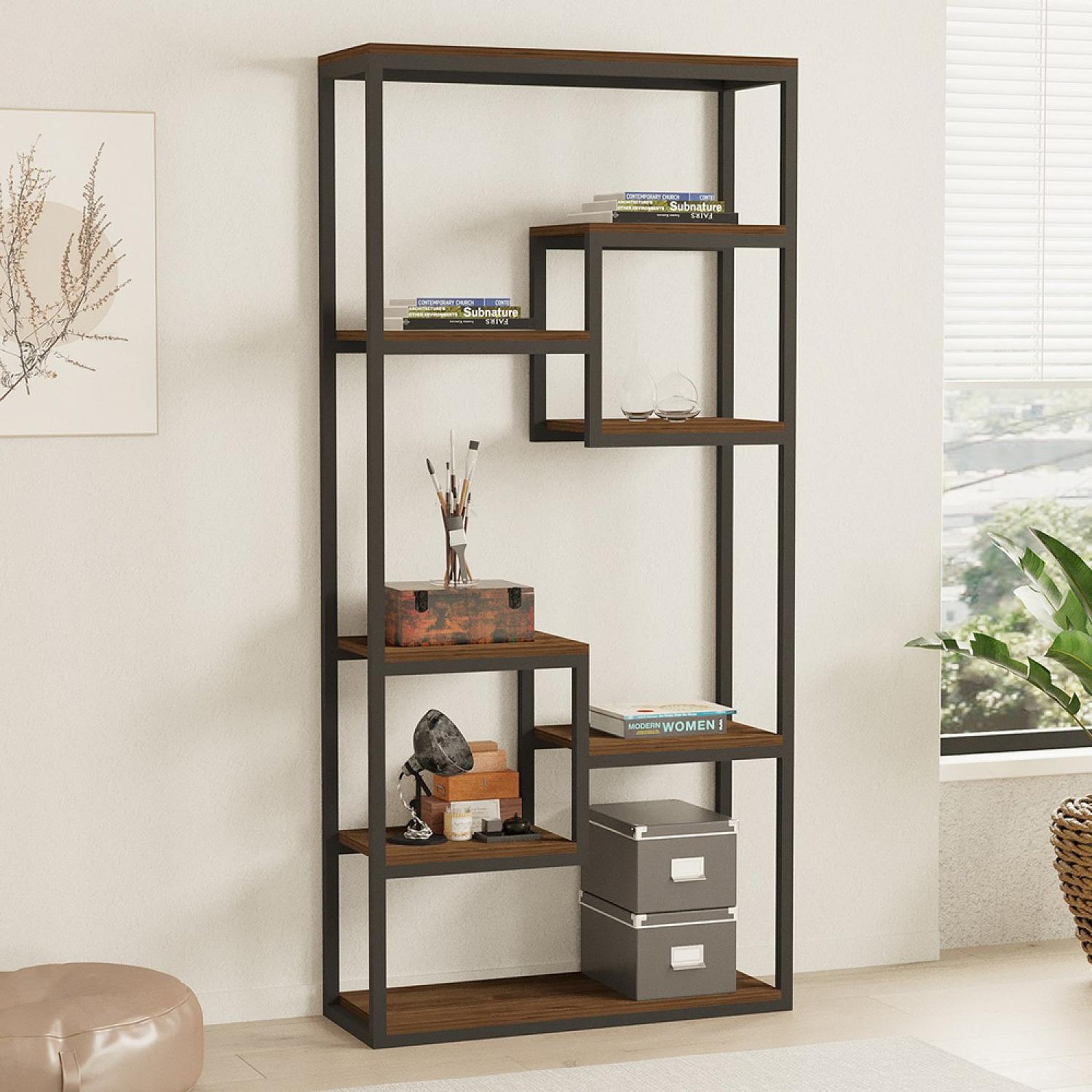 Voir la diapositive 2 : CONCEPT USINE Étagère haute style industriel noyer et noir - 182 cm lopa