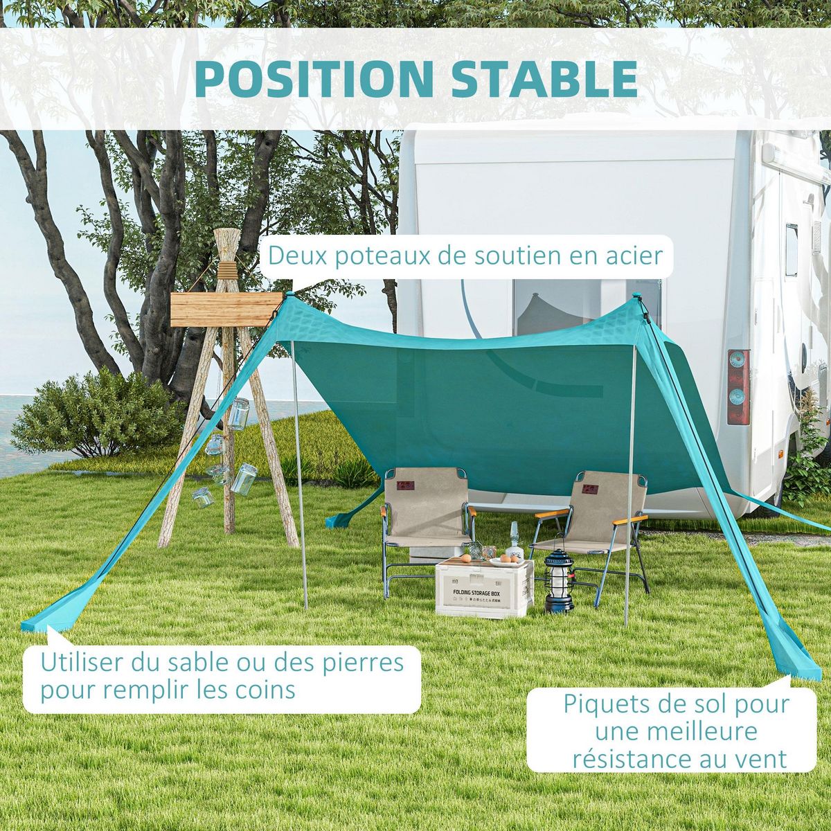 OUTSUNNY Tente de plage - abri solaire de camping - poteaux, piquets inclus - polyester-élasthanne bleu