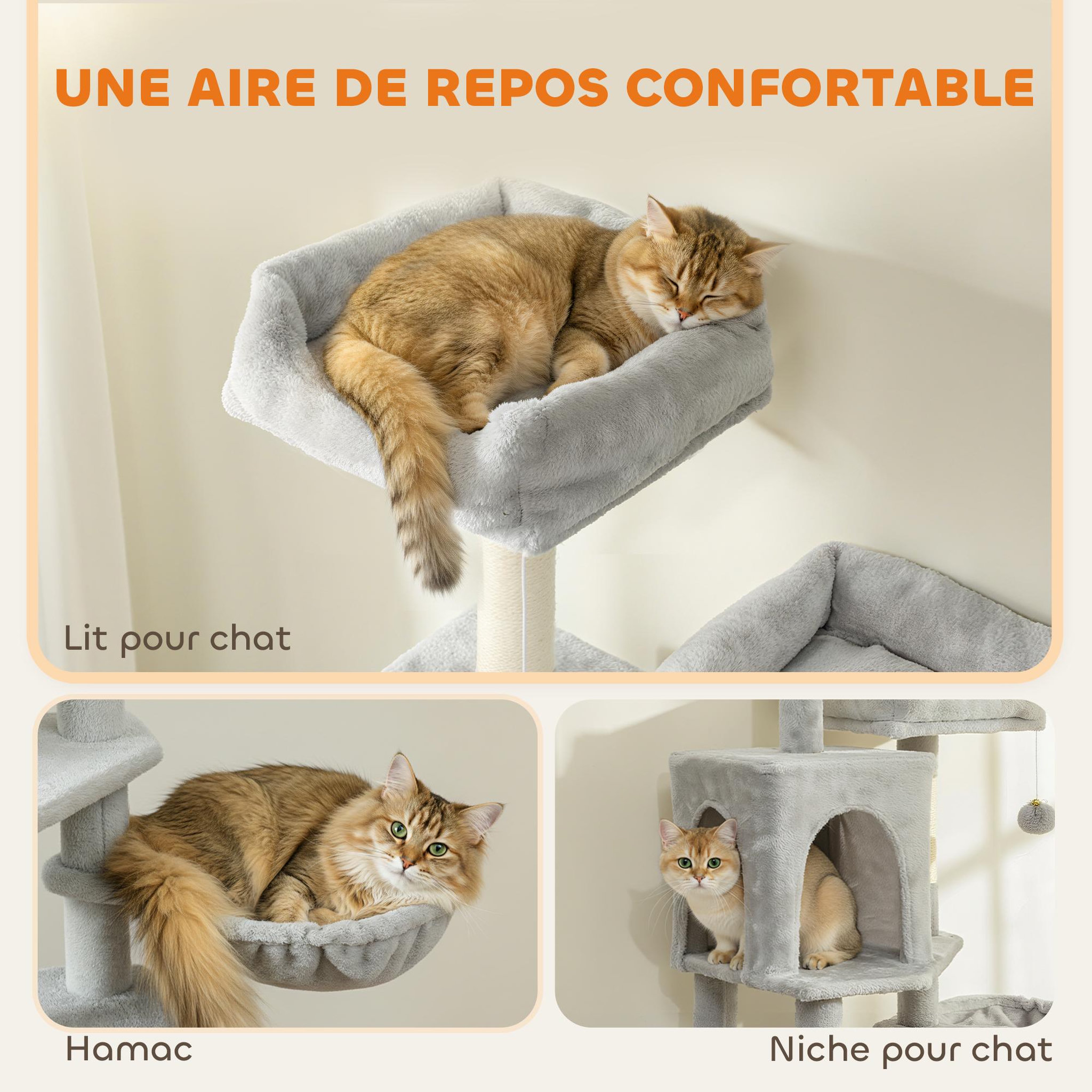 Voir la diapositive 6 : PAWHUT Arbre à chat design grande taille h.177cm équipements jeux multiples sisal naturel peluche gris clair