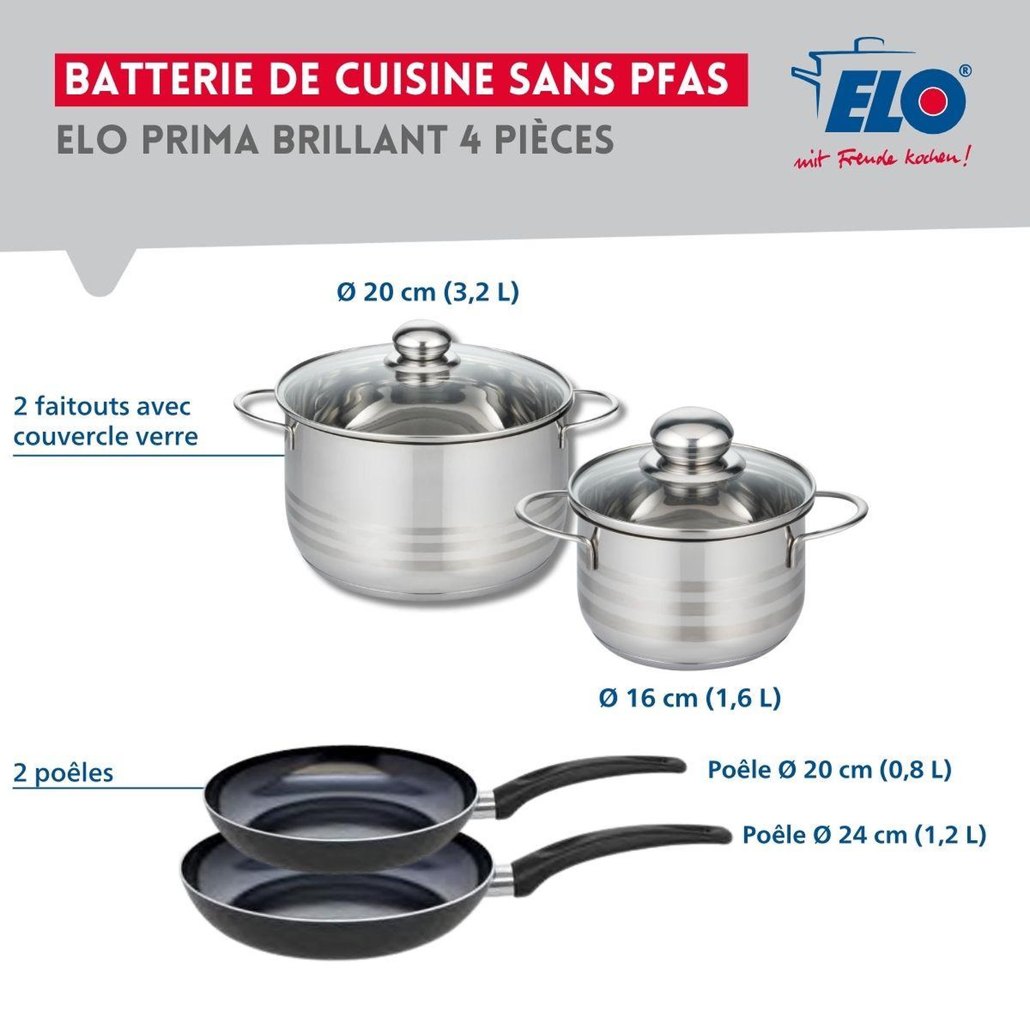Voir la diapositive 2 : ELO Ensemble de 2 Poêles de cuisson 20 et 24 cm et 2 faitouts 16 et 20 cm Elo Prima Brillant