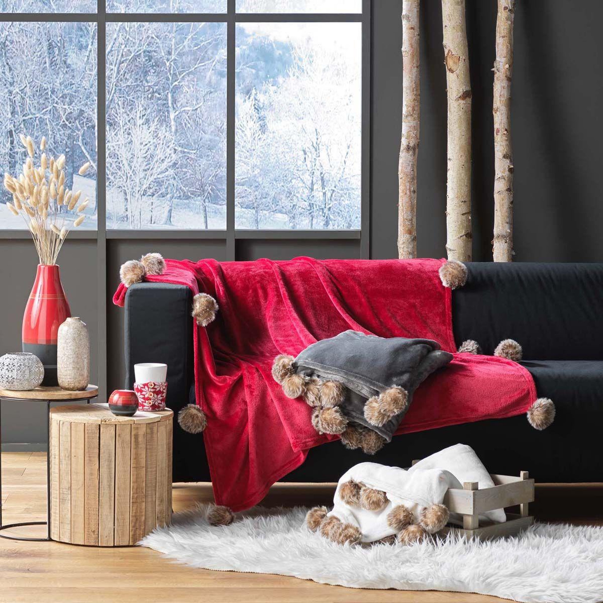 Voir la diapositive 3 : Douceur d'Intérieur Plaid flanelle pompons  snowy  125x150cm naturel