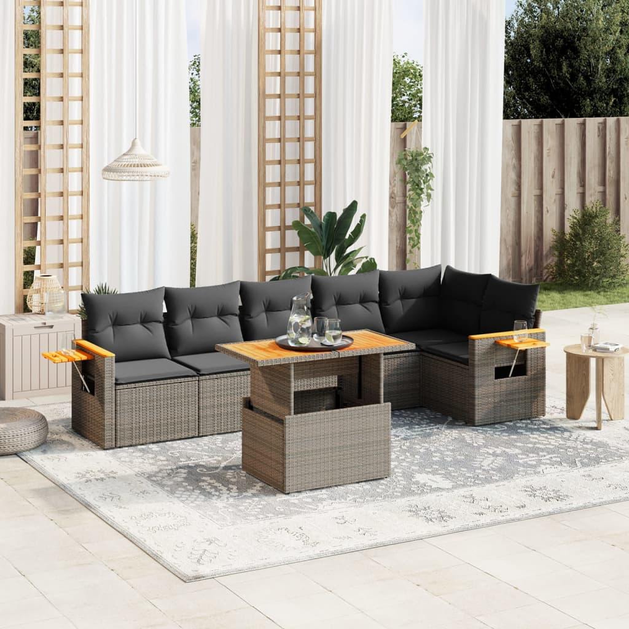 VIDAXL Salon de jardin avec coussins 7 pcs gris resine tressee