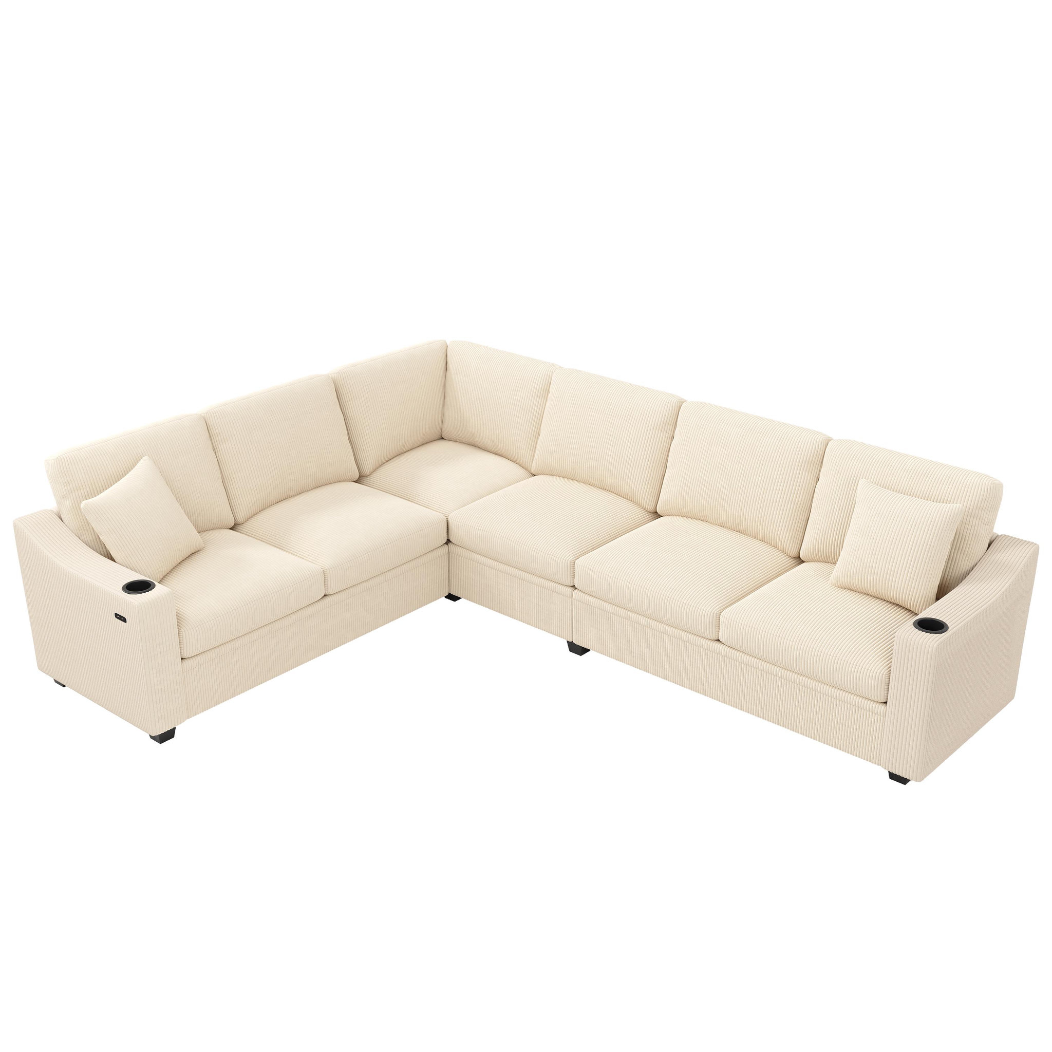 MERAX Canapé d'angle modulable 6 places avec usb type-c porte-gobelets tissu côtelé. Coloris disponibles : Beige, Gris