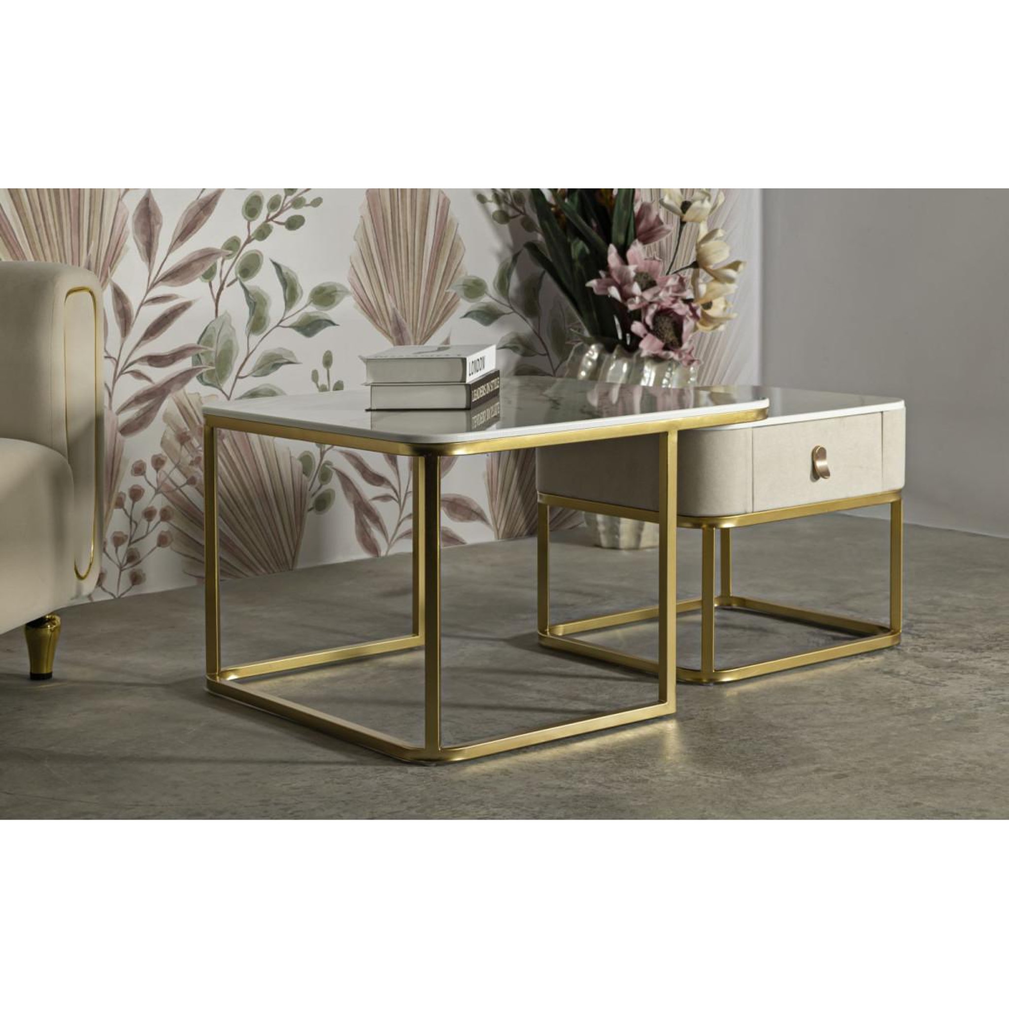 Voir la diapositive 6 : Paris Prix Lot de 2 tables basses  beauty  70cm crème & or