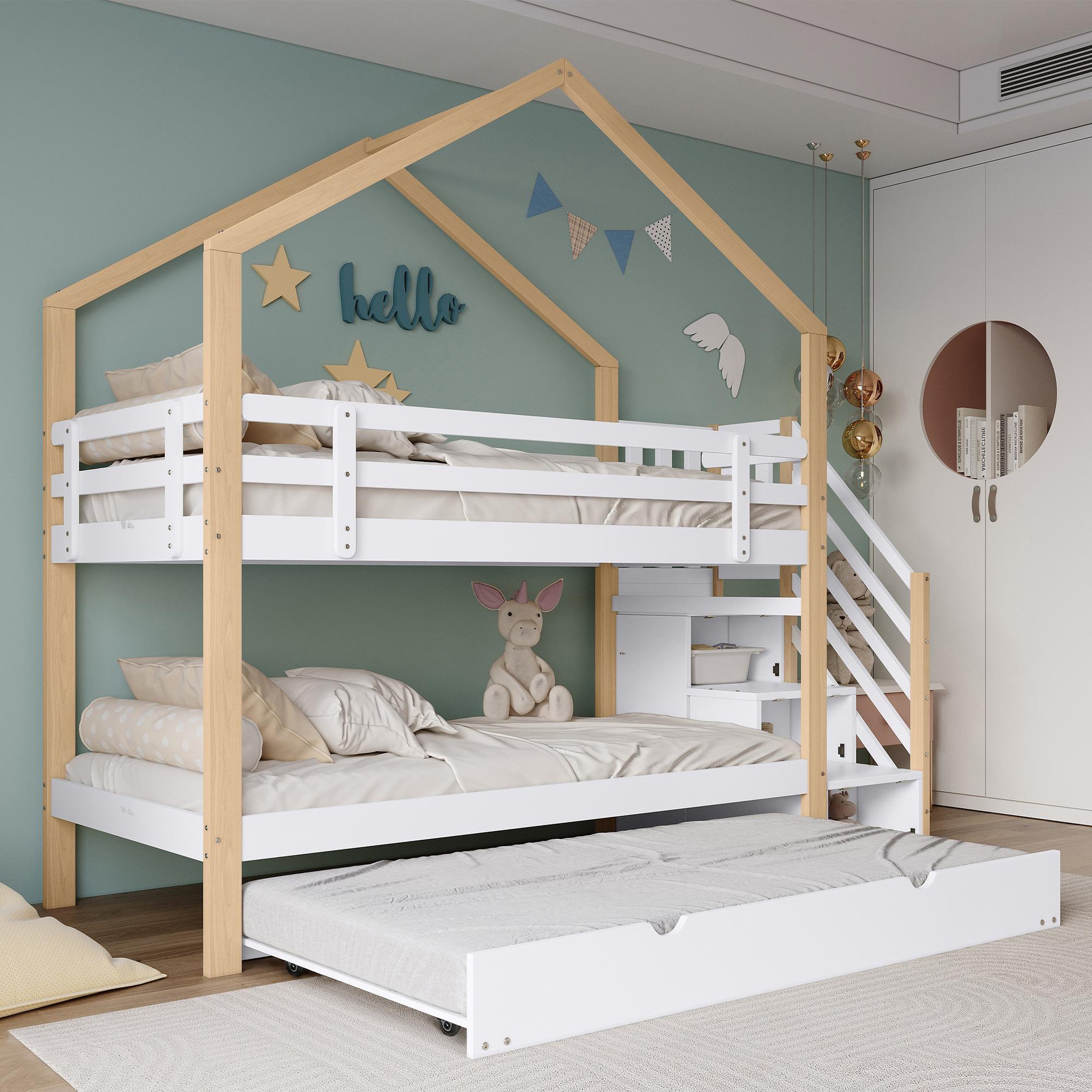 Voir la diapositive 5 : MERAX Lit superposé 90x200(90x190)cm bois et mdf coloris blanc+naturel