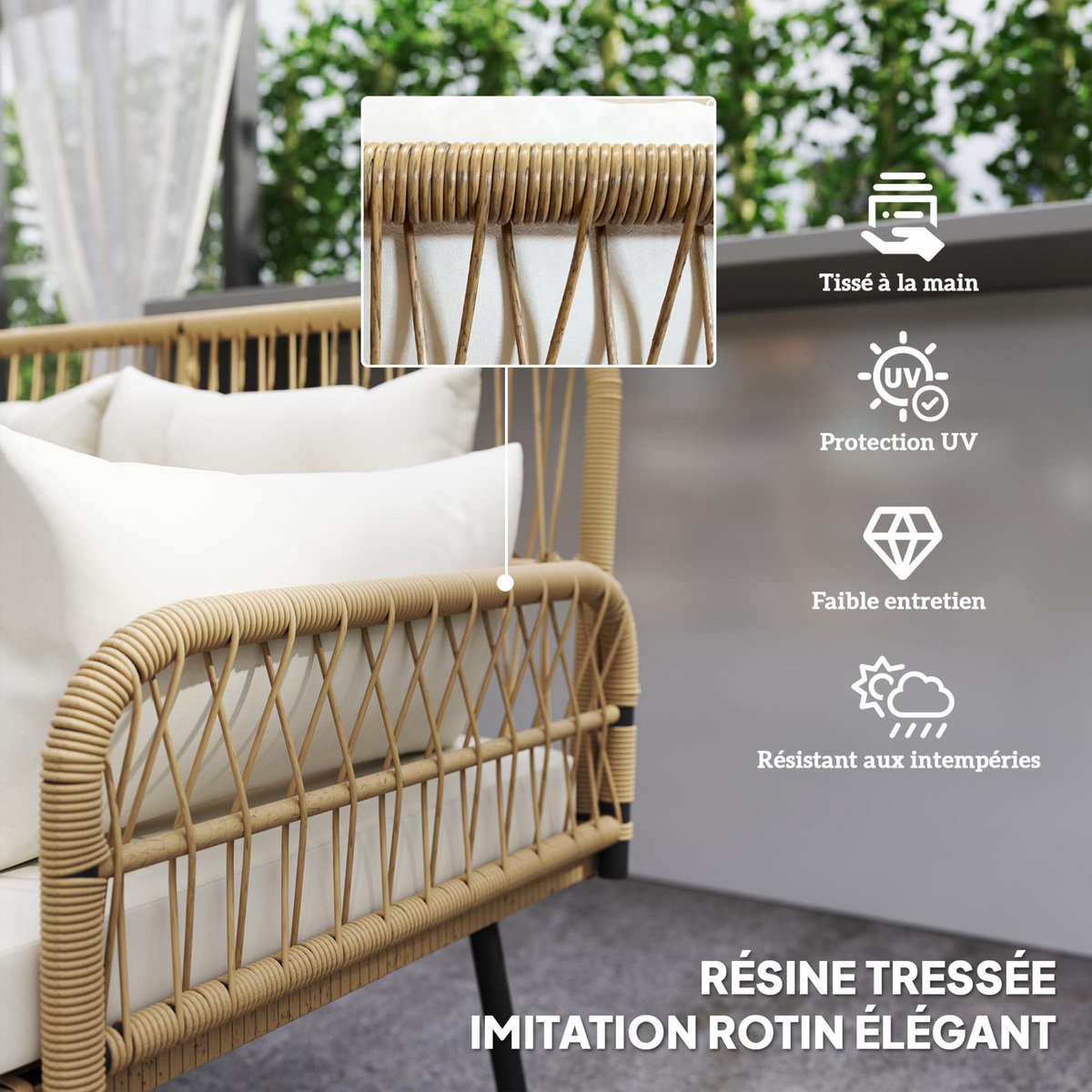 OUTSUNNY Canapé de jardin 2 places style colonial 5 coussins beige résine tressée aspect rotin