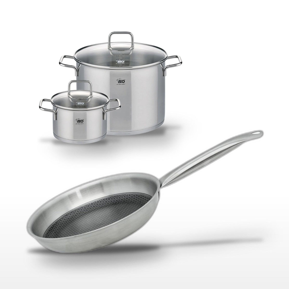 ELO Lot 2 Faitouts 20/26 cm et Poêle 24 cm Elo Relief Solution