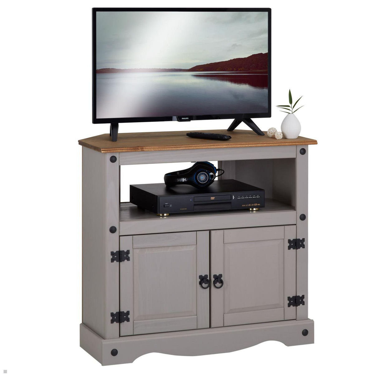 IDIMEX Meuble TV RAMON avec 2 portes, style mexicain en pin massif gris et brun