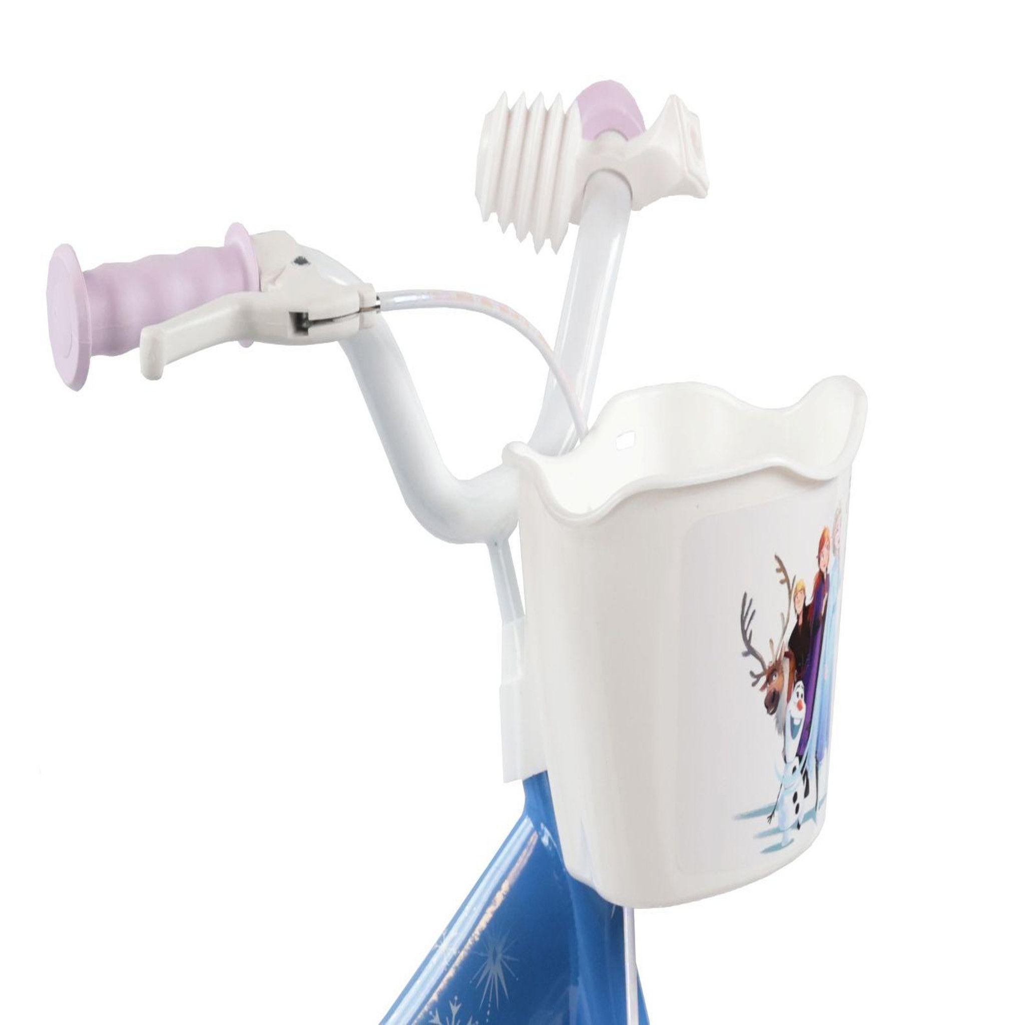 Voir la diapositive 2 : Disney La Reine des Neiges Vélo enfant 12'' - Modèle Reine des neiges + Casque - Idéal pour enfant de 85 à 100 cm - Livré avec stabilisateurs - 1 Frein - Panier avant - Porte poupée arrière et roues à bâtons