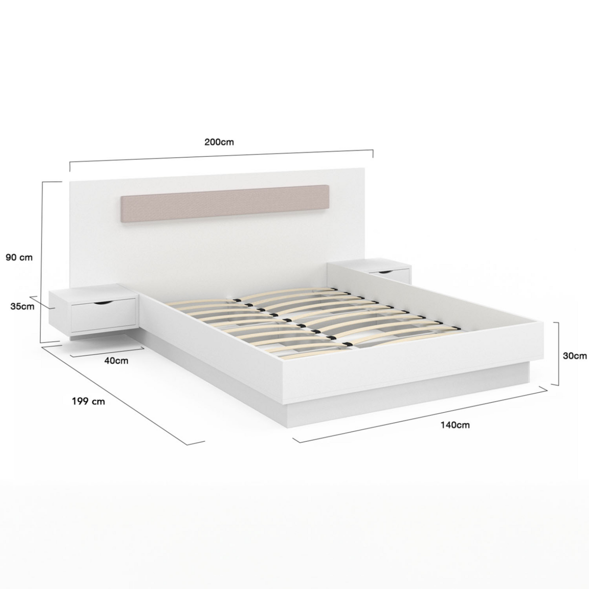 ID MARKET Lit double SANTA avec tête de lit + tables de chevet intégrées et sommier 140 x 190 cm blanc