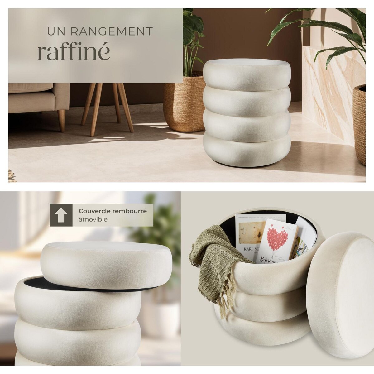 tectake Tabouret avec espace de rangement rond Aspect velours crème/ blanc