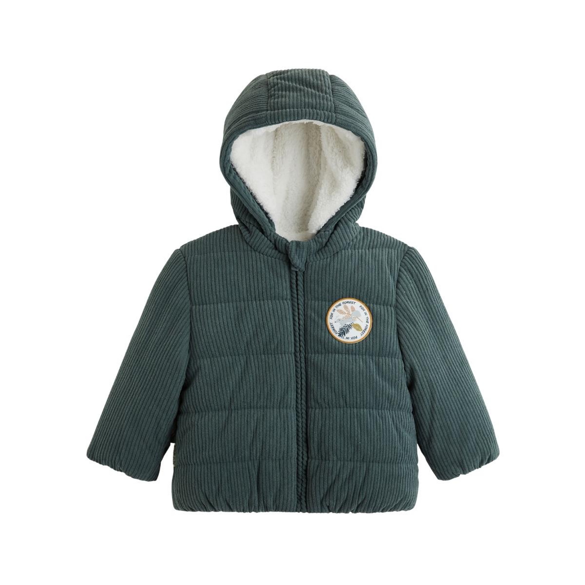 Petit Béguin Doudoune bébé en velours côtelé doublée sherpa avec capuche elliott. Coloris disponibles : Vert