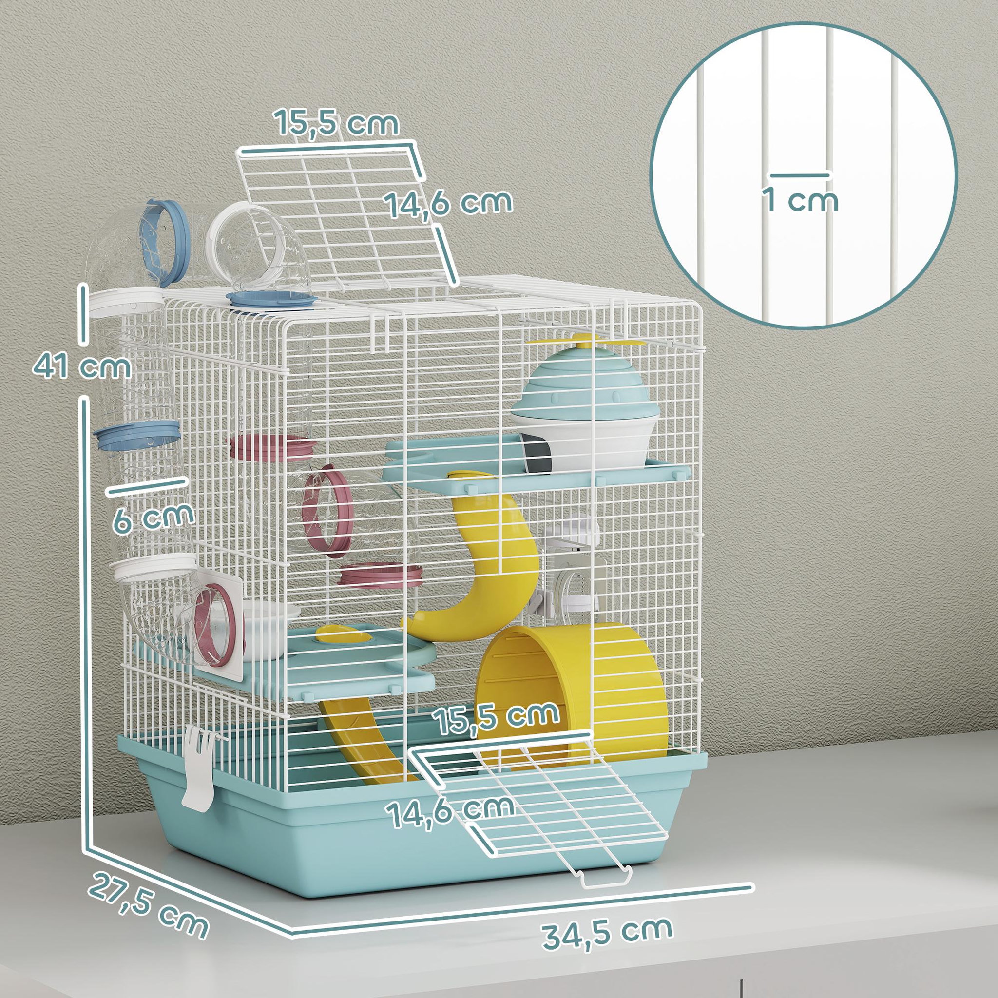 Voir la diapositive 3 : PAWHUT Cage rongeur hamster 3 niveaux cabane roue tunnel toboggan biberon mangeoire 34 x 27 x 41 cm blanc bleu