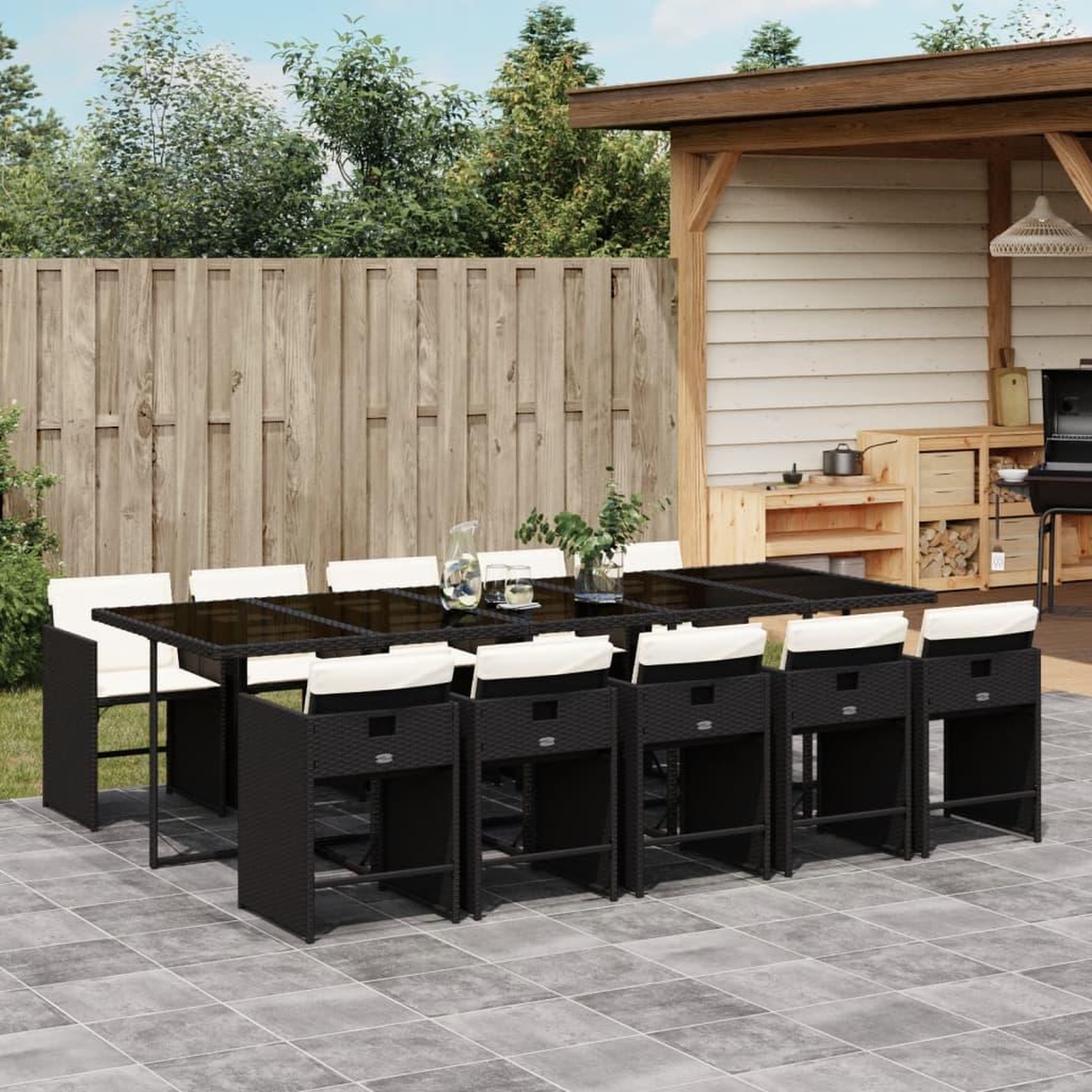 VIDAXL Ensemble a manger de jardin 11 pcs coussins noir resine tressee
