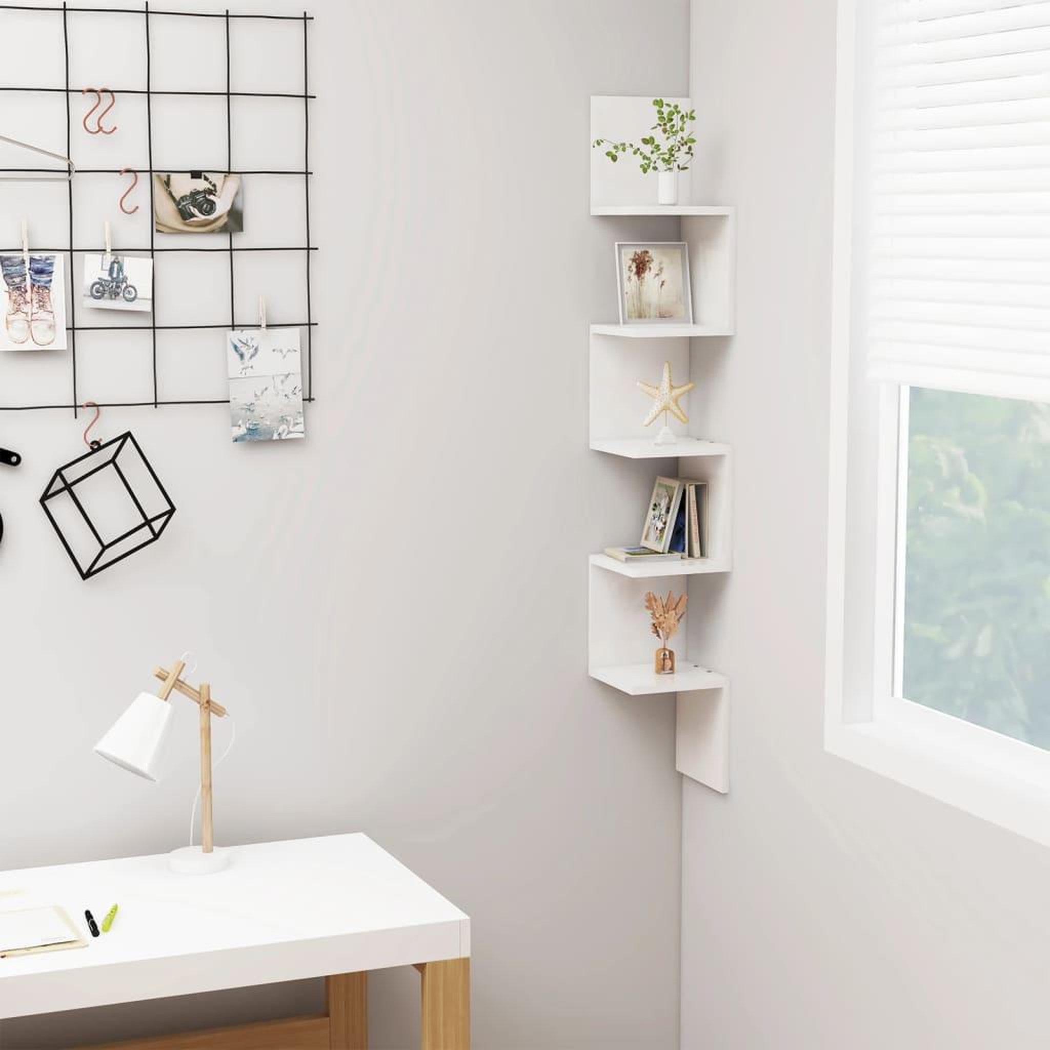Voir la diapositive 1 : VIDAXL Etagere d'angle murale Blanc brillant Bois d'ingenierie