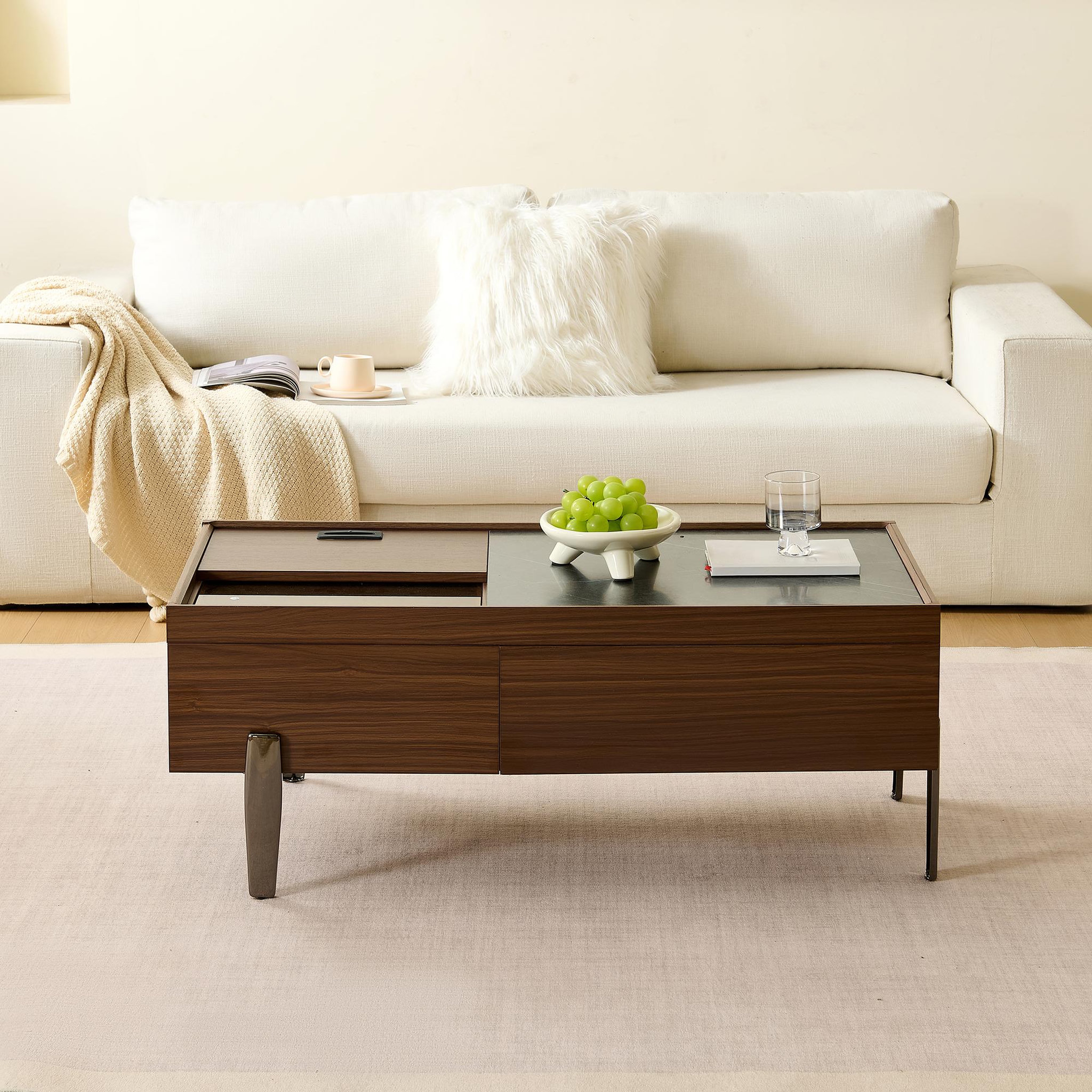 Voir la diapositive 4 : MERAX Table basse rectangulaire marron avec 2 tiroirs - 50x105 cm mdf