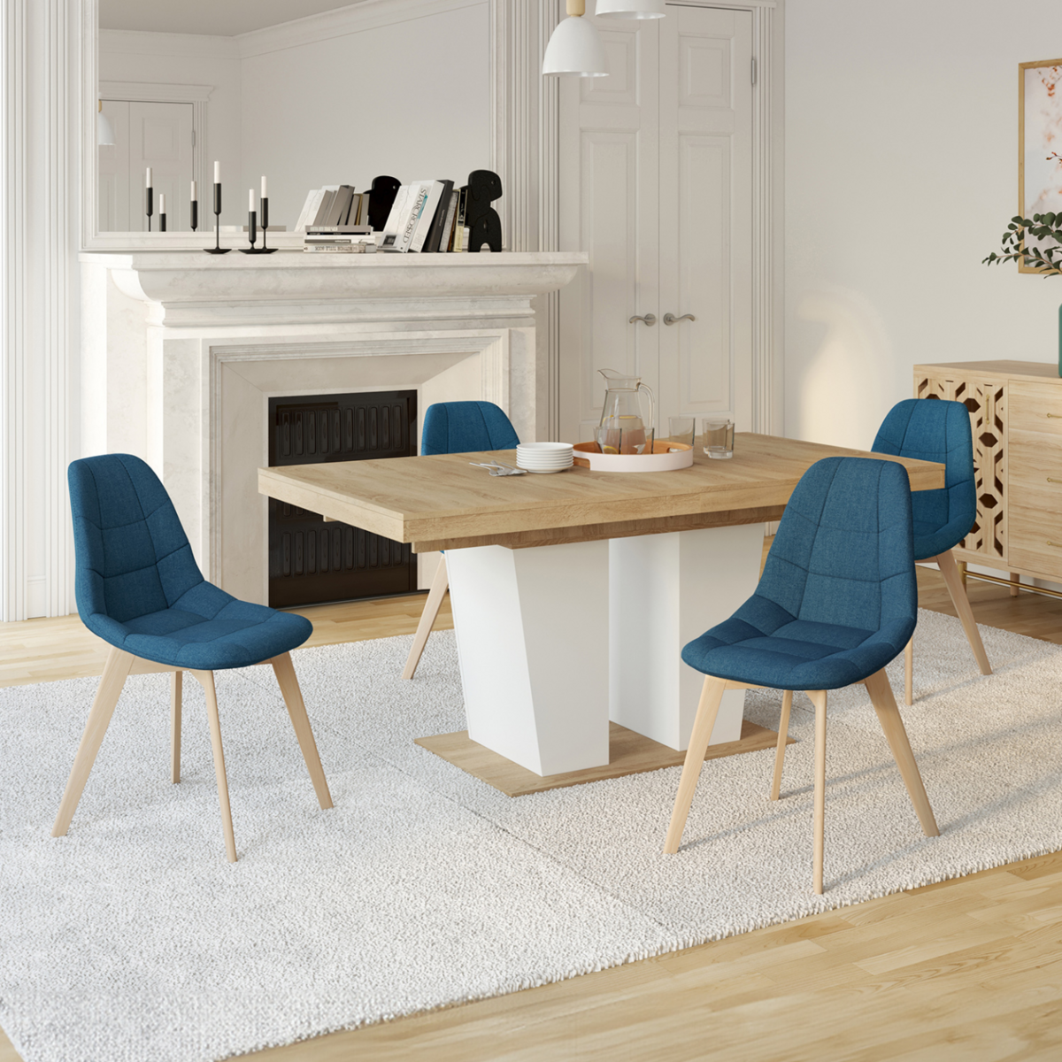ID MARKET Lot de 4 chaises scandinaves GABY bleues en tissu pour salle à manger