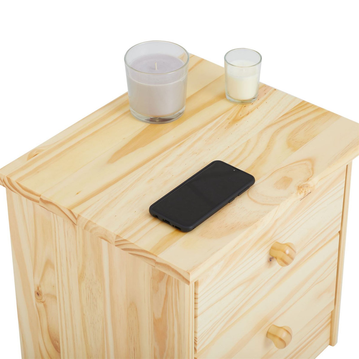 IDIMEX Table de chevet RONDO avec 2 tiroirs, table de nuit en pin massif, chevet en bois vernis naturel