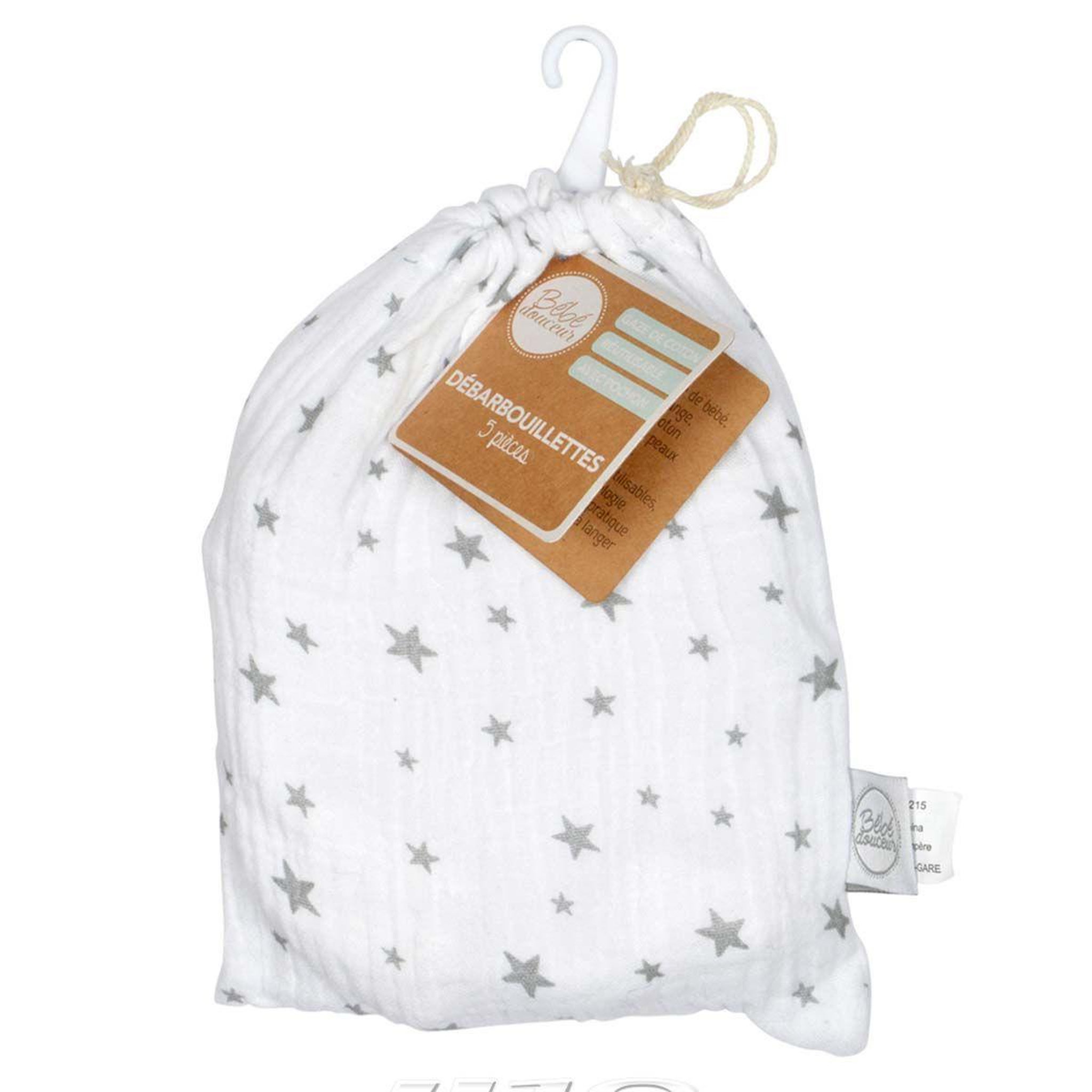 Voir la diapositive 2 : BEBE DOUCEUR Lot de 5 débarbouillettes bébé  pochon  11cm blanc