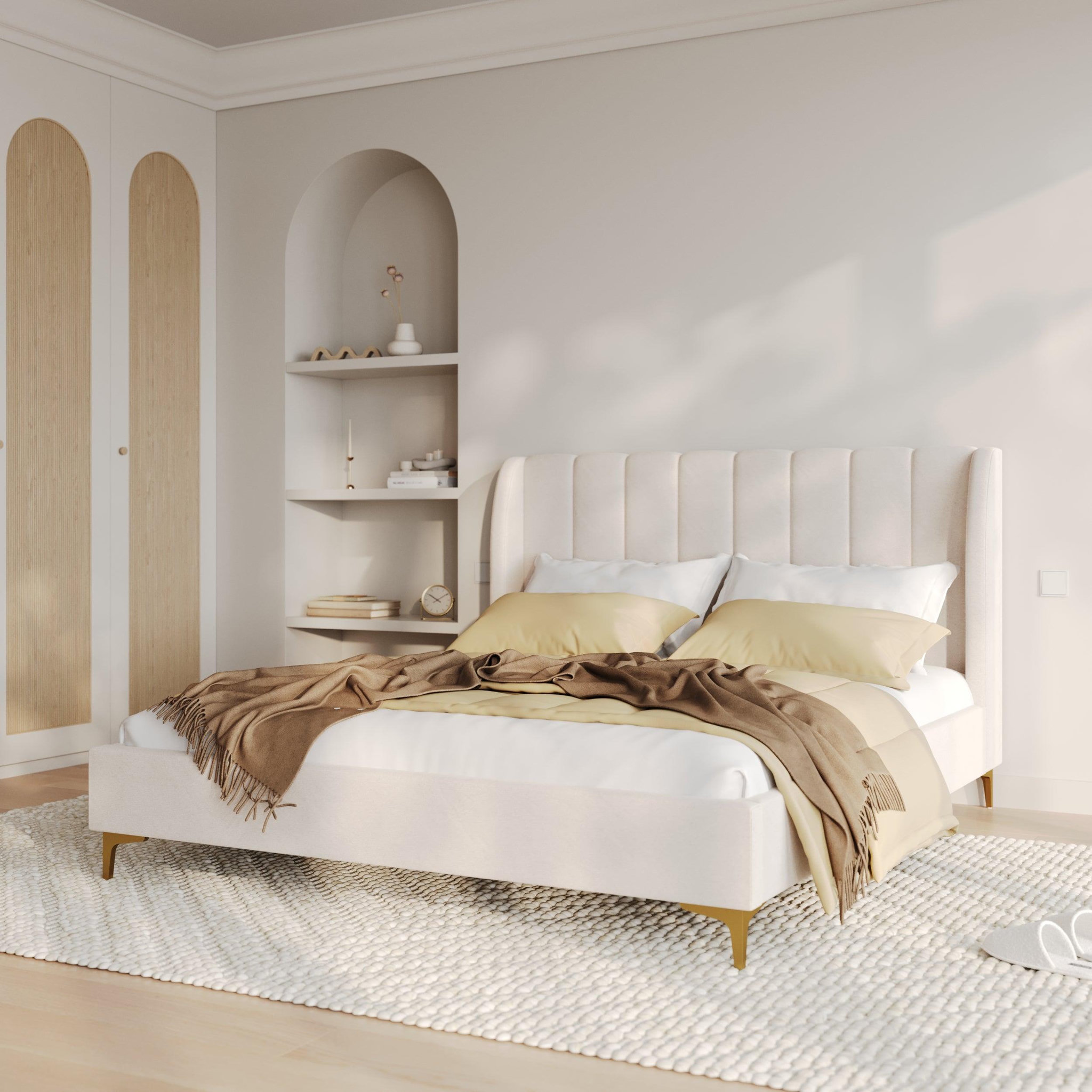 Voir la diapositive 2 : MAISON PAVANE Lit double 160x200 cm en tissu beige et pieds dorés-koda