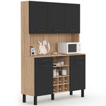ID MARKET Buffet de cuisine 120 CM CINA 5 portes + tiroirs + range-bouteilles façon hêtre et noir