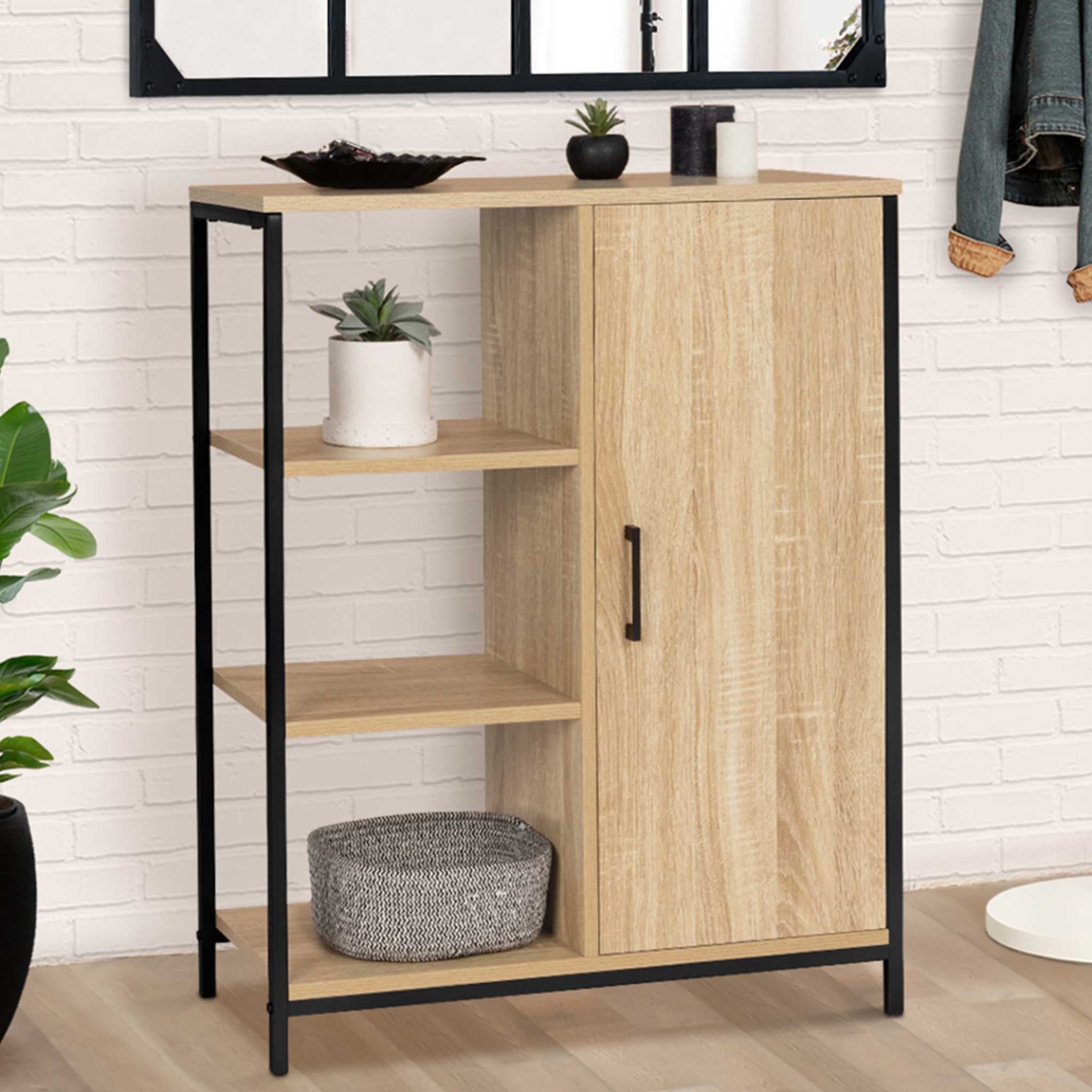 Voir la diapositive 2 : ID MARKET Buffet d'appoint 3 étagères et placard 70 cm detroit design industriel