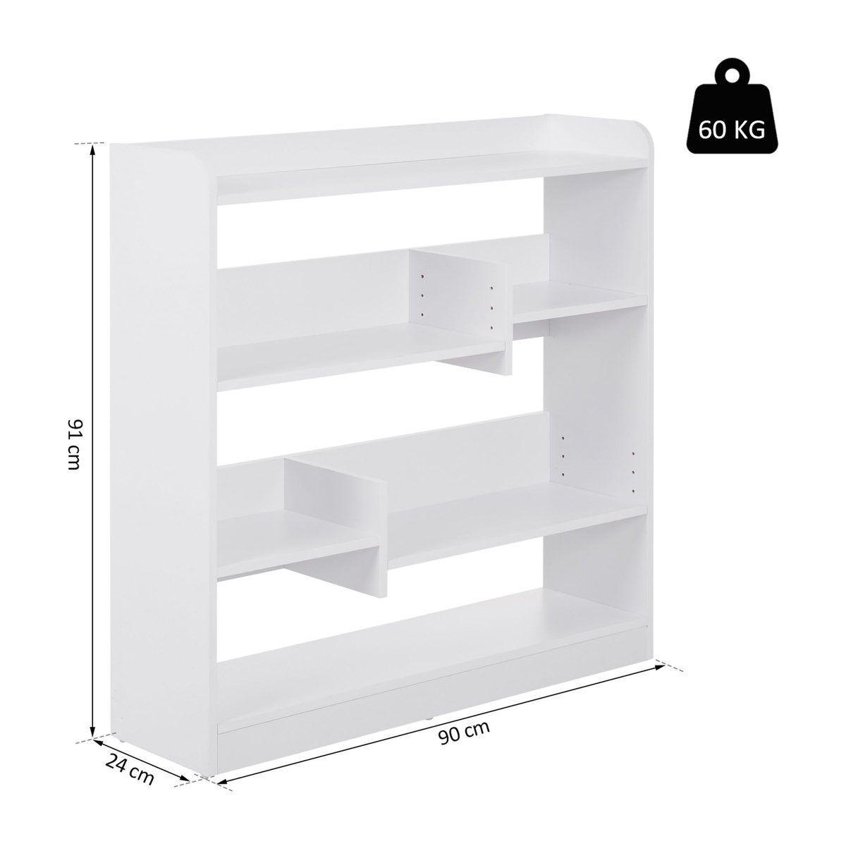 HOMCOM Bibliothèque étagère meuble de rangement dim. 90L x 24l x 91H cm 4 niveaux 3 panneaux arrières panneaux de particules blanc