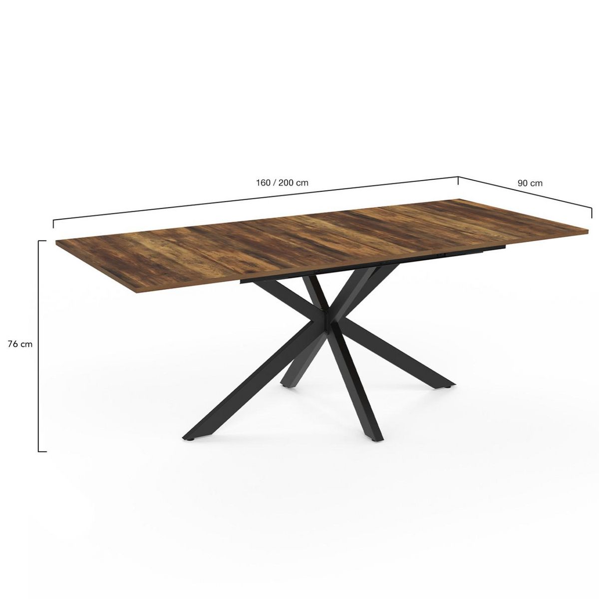 ID MARKET Table à manger extensible rectangle ALIX plateau HAWKINS 6-10 personnes bois foncé et noir 160-200 cm