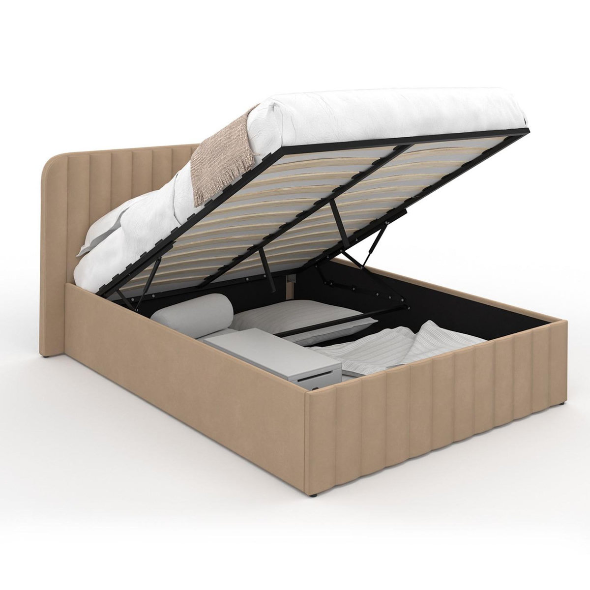 ID MARKET Lit coffre double ALBA avec tête de lit et sommier 140 x 190 cm velours taupe