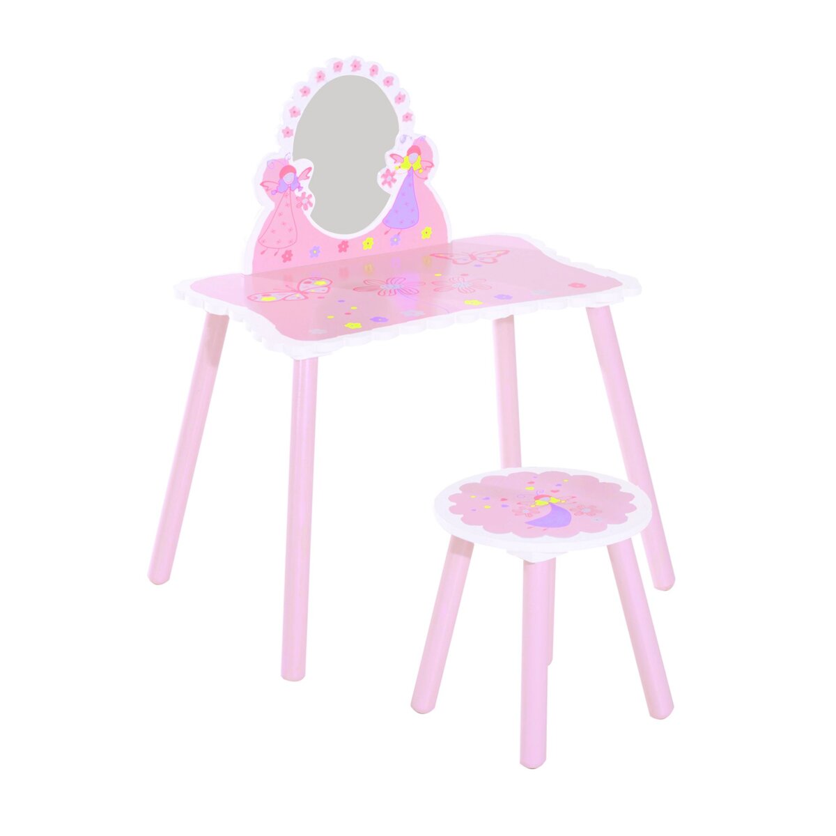 HOMCOM Coiffeuse enfant - tabouret inclus - table de maquillage dim. 59L x 39l x 77H cm - motifs fées, papillons, fleurs - bois de pin, MDF - rose blanc