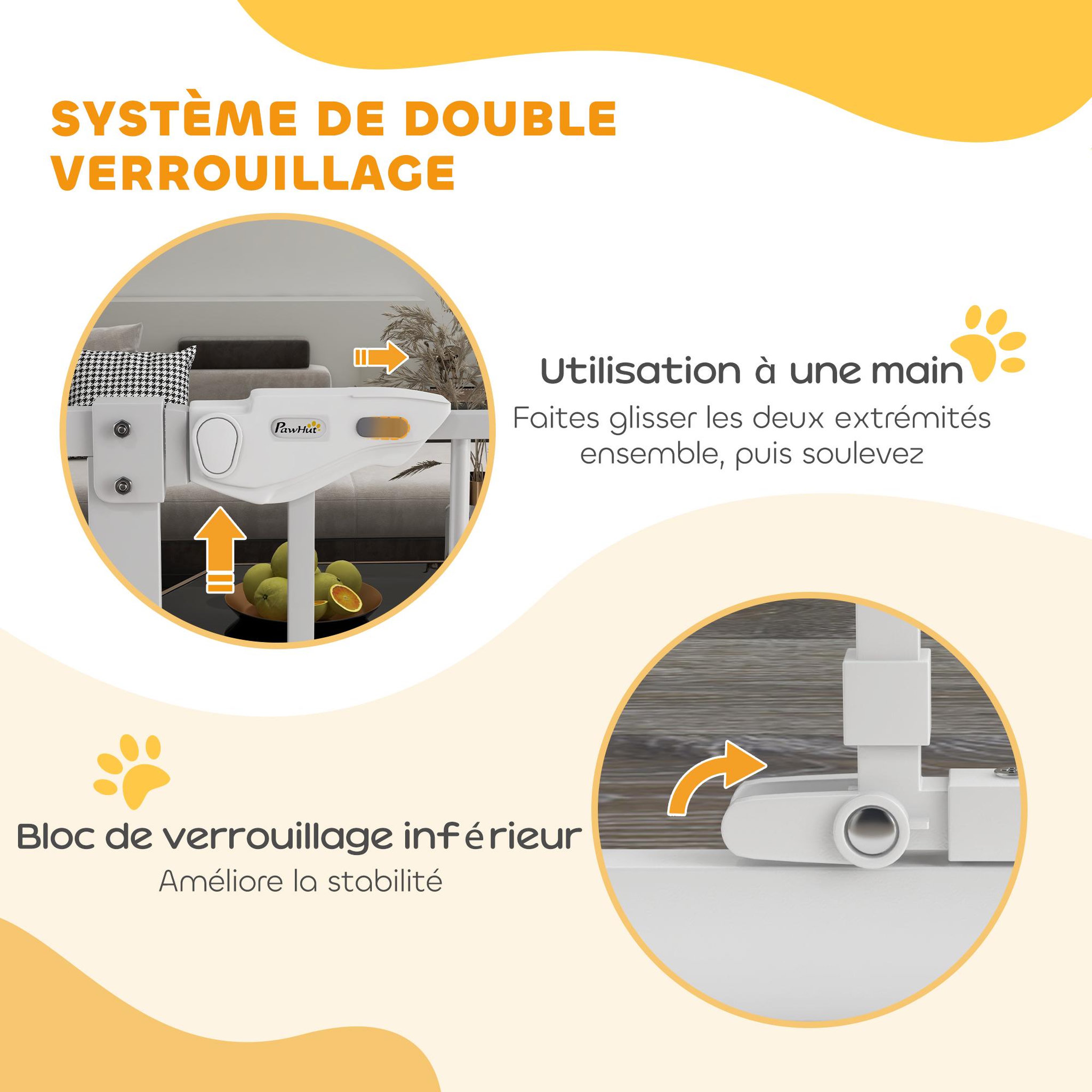Voir la diapositive 5 : PAWHUT Barrière de sécurité chien h.104 cm - porte double verrouillage - sans perçage - acier blanc