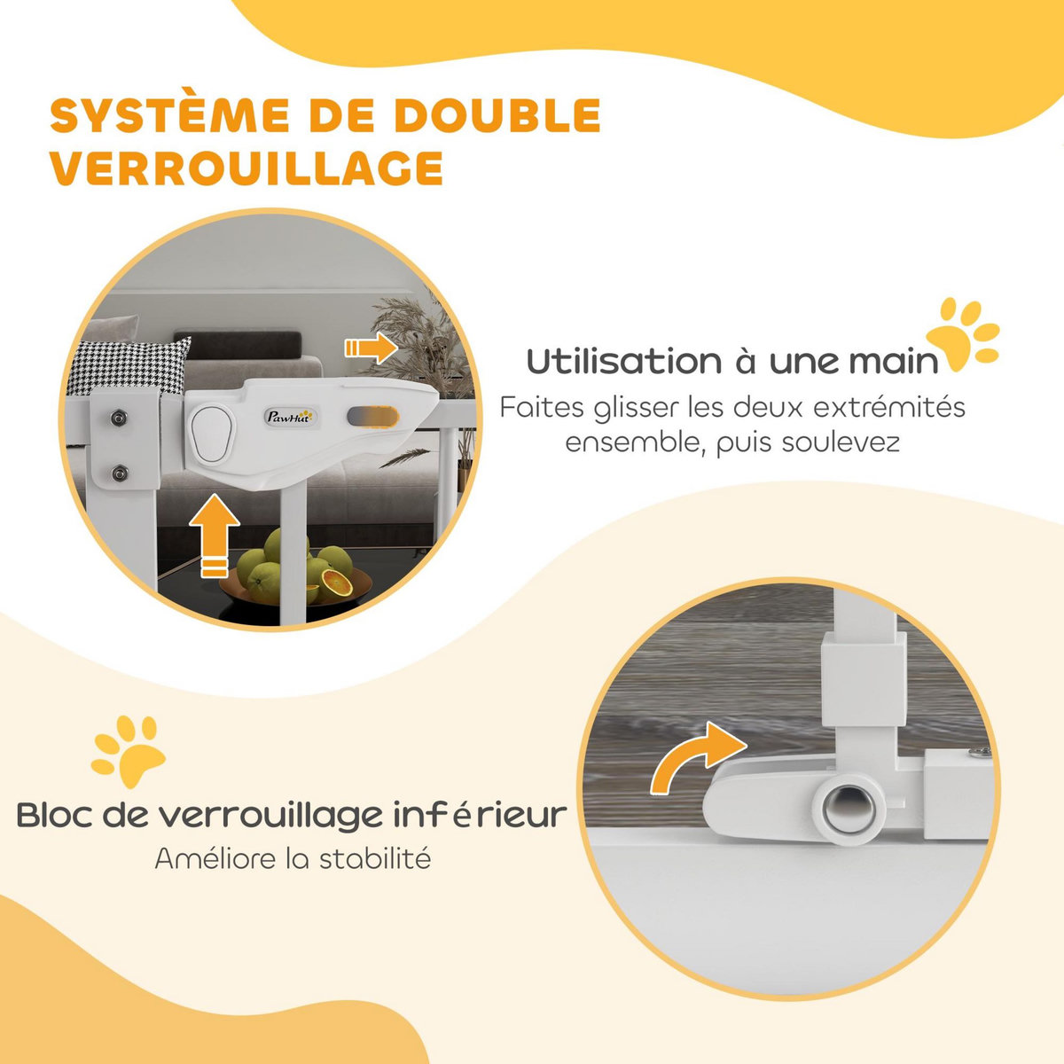 PAWHUT Barrière de sécurité chien H.104 cm - porte double verrouillage - sans perçage - acier blanc