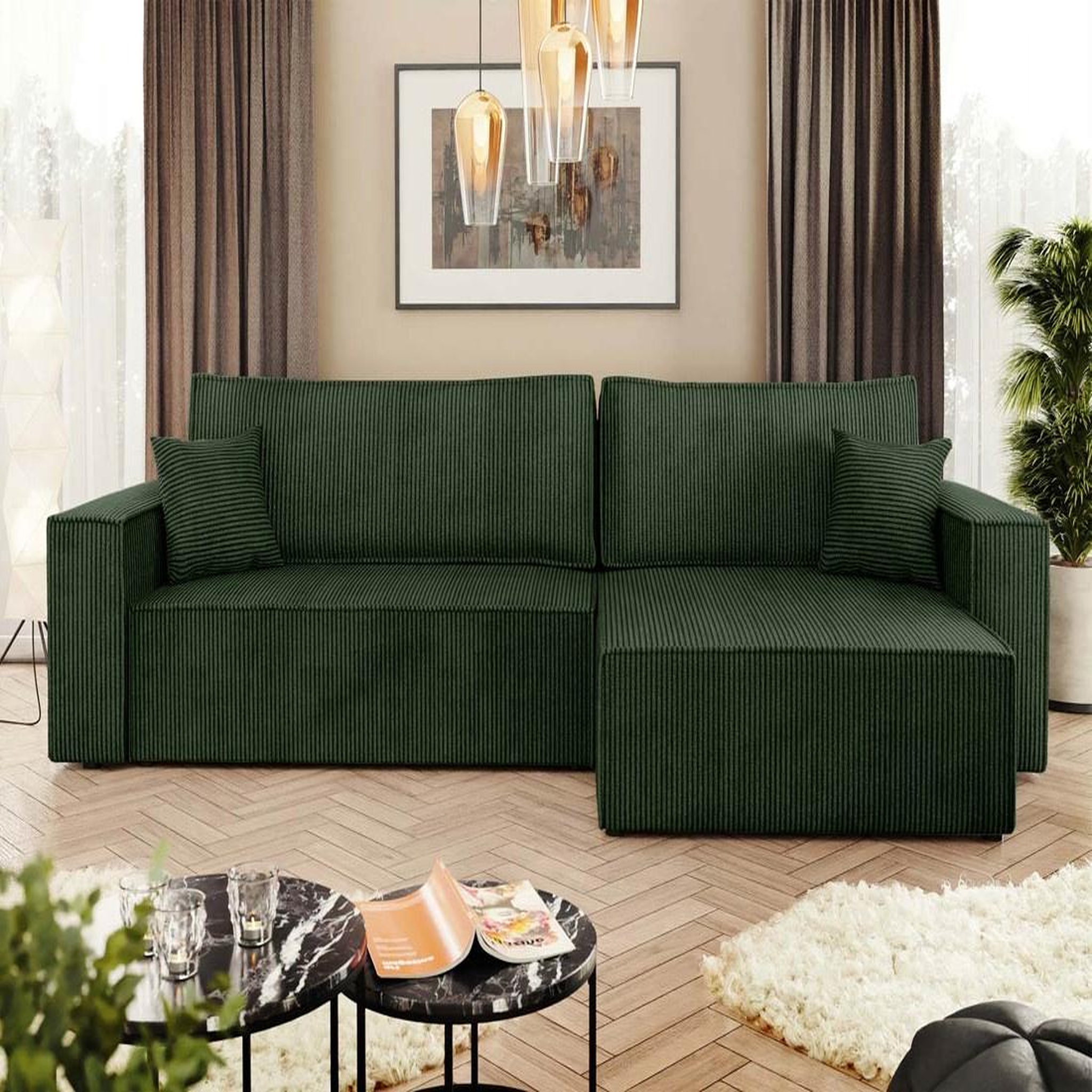 Voir la diapositive 4 : BEST MOBILIER Cezanne - canapé d'angle réversible 5 places convertible avec coffre en velours côtelé