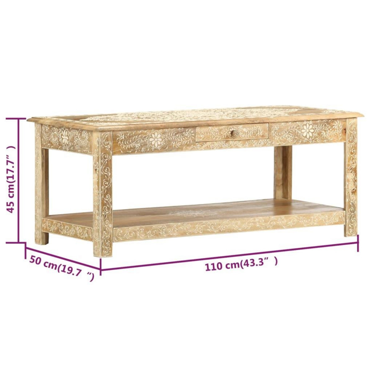 VIDAXL Table basse peinte a main 110x50x45 cm Bois de manguier massif