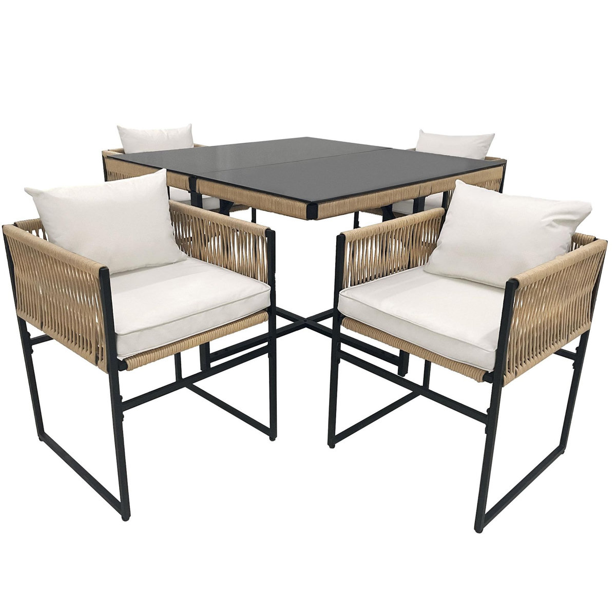 MERAX Salon de jardin repas 4 places en fer avec table verre trempé, 4 chaises empilables, noir