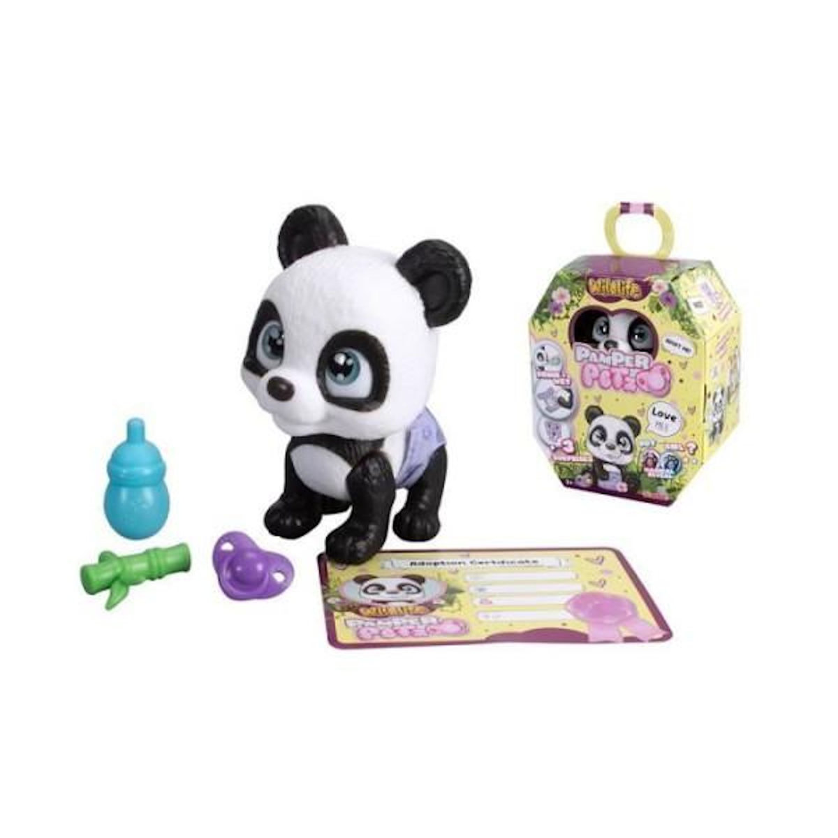 SILVERTORN Smoby - Pamper Petz - Panda a adopter - 4 accessoires - Articulé - Bois et fais pipi - Certificat d'adoption - Des 3 ans