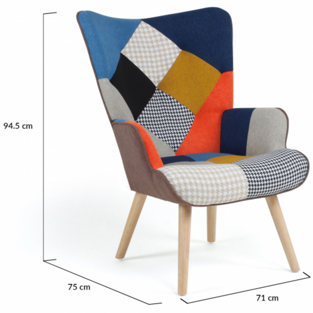 ID MARKET Fauteuil scandinave IVAR en tissu patchwork multicouleurs et imprimé pied de poule