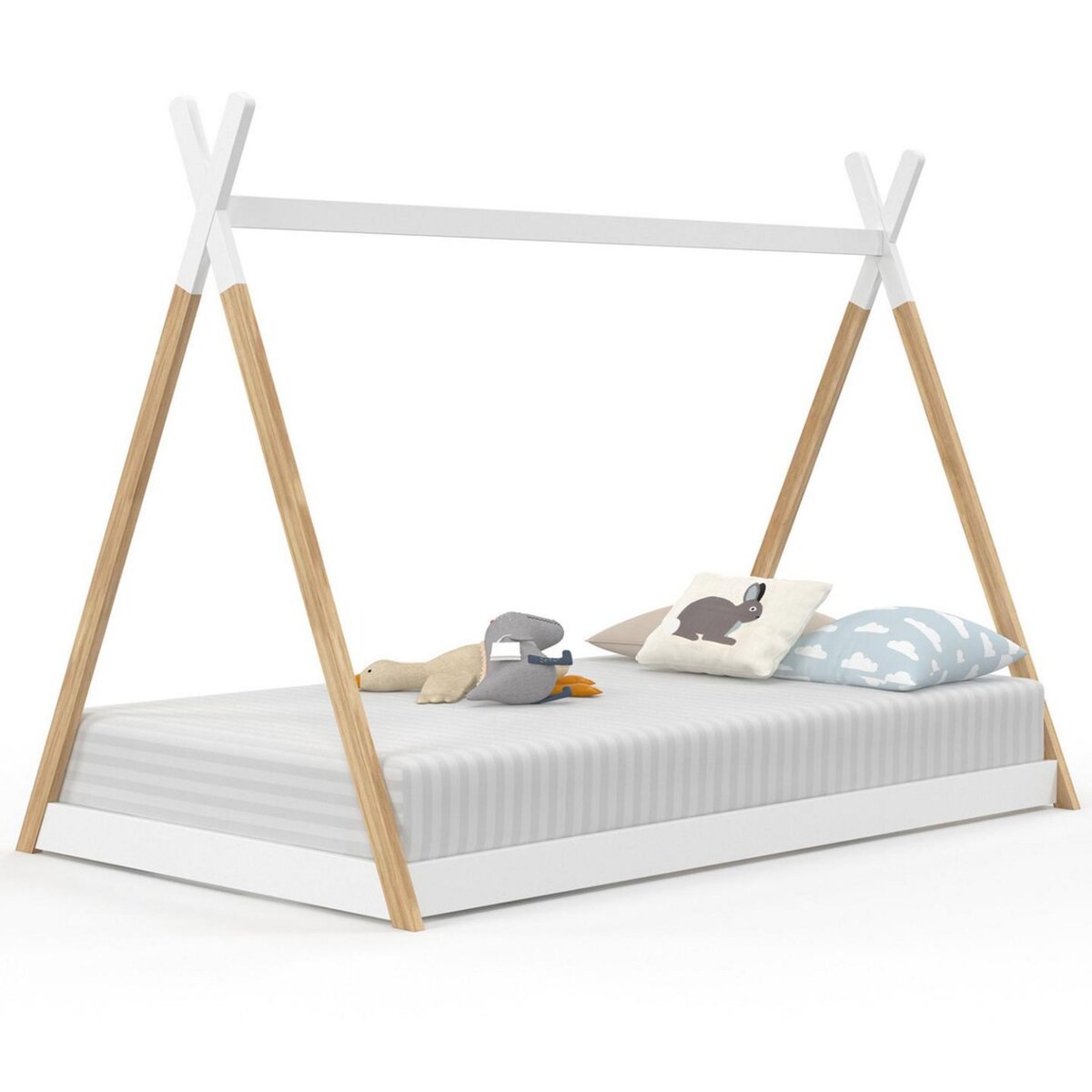 ID MARKET Lit tipi enfant 90 x 190 CM COME avec sommier bois et blanc