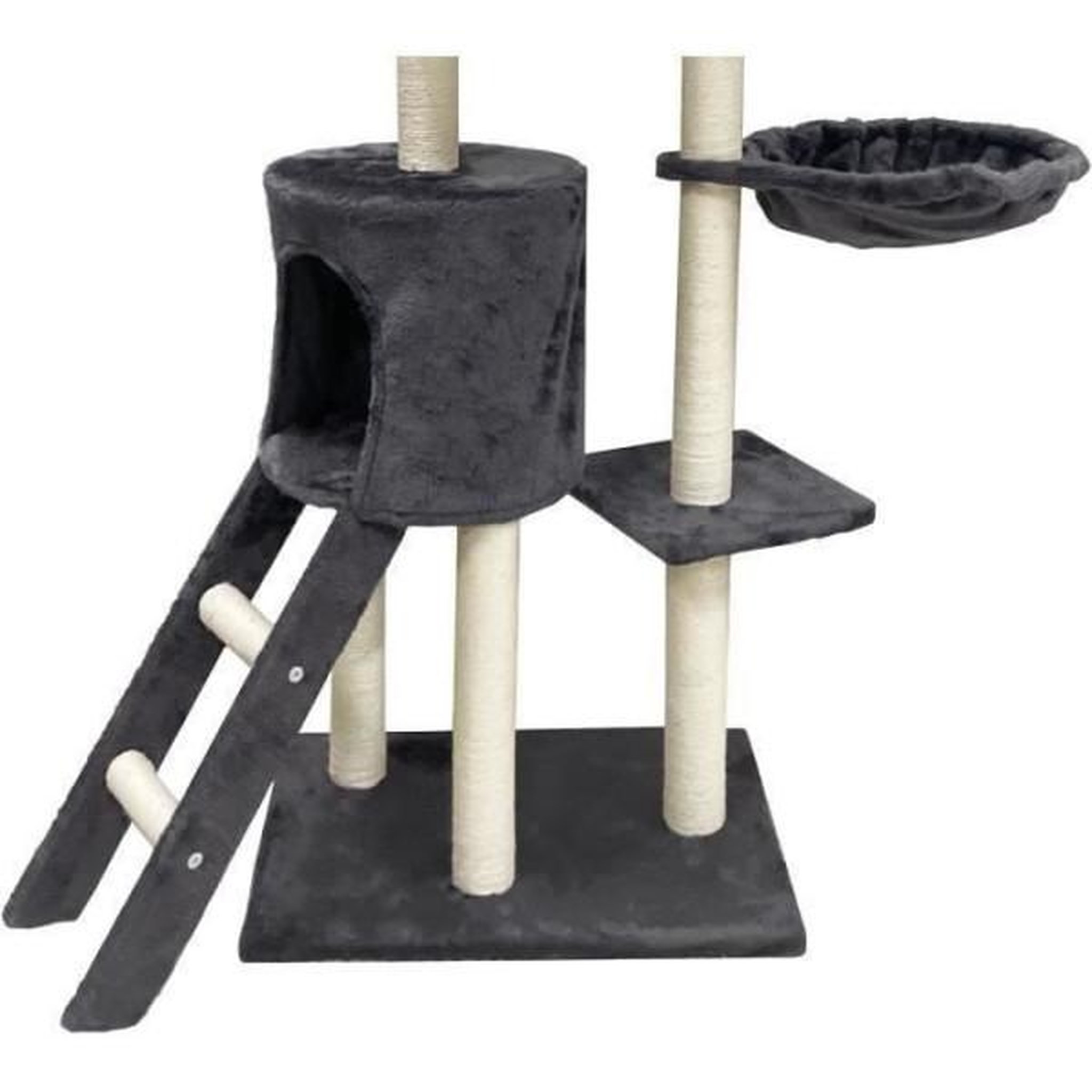 Voir la diapositive 4 : MARKET24 JIPSY Arbre a chat gris foncé 79 x 34 x 138 cm - 3 plateformes, 1 perchoir, 1 niche, 1 escalier, poteaux a griffer
