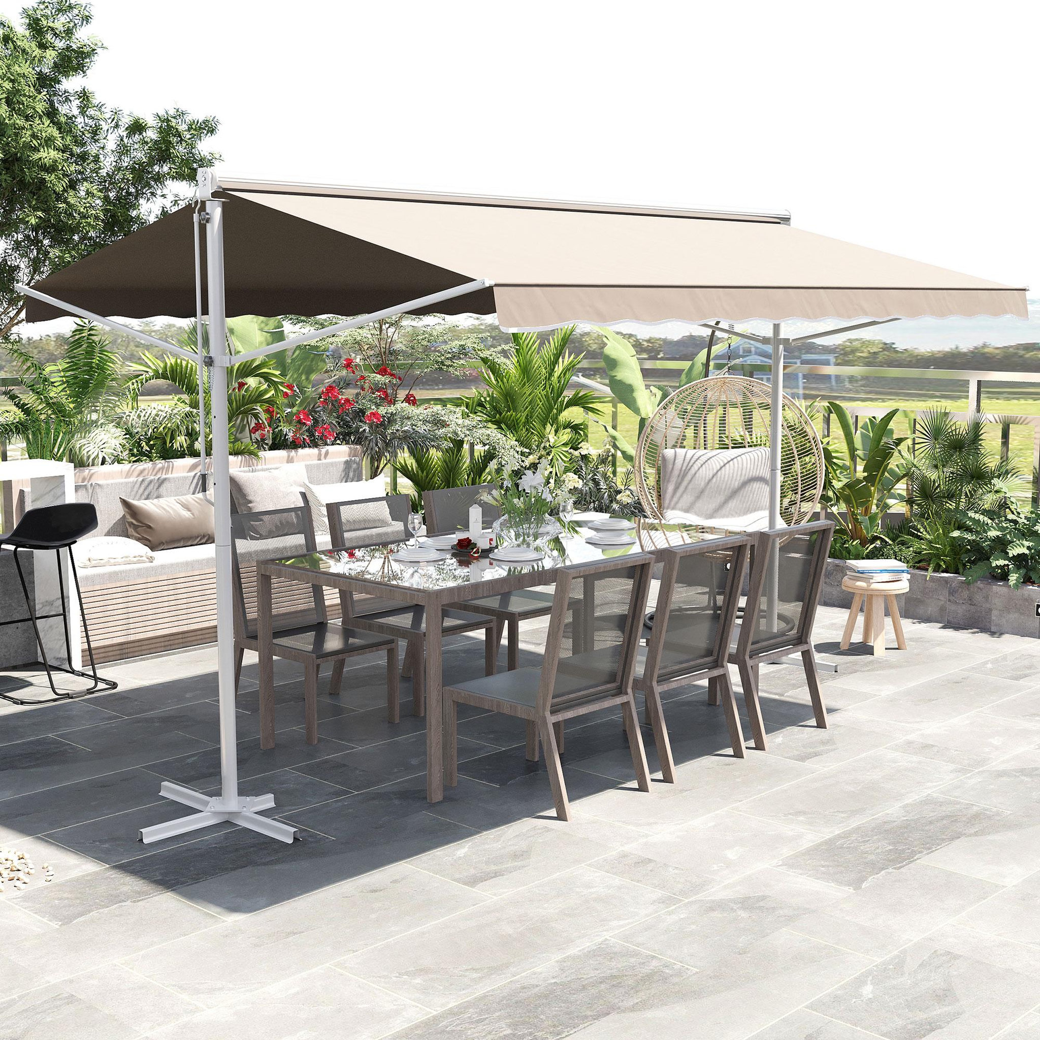 Voir la diapositive 2 : OUTSUNNY Store double pente manuel rétractable inclinaison réglable métal époxy blanc polyester imperméabilisé anti-UV beige dim. 3,95L x 2,98l x 2,55H m