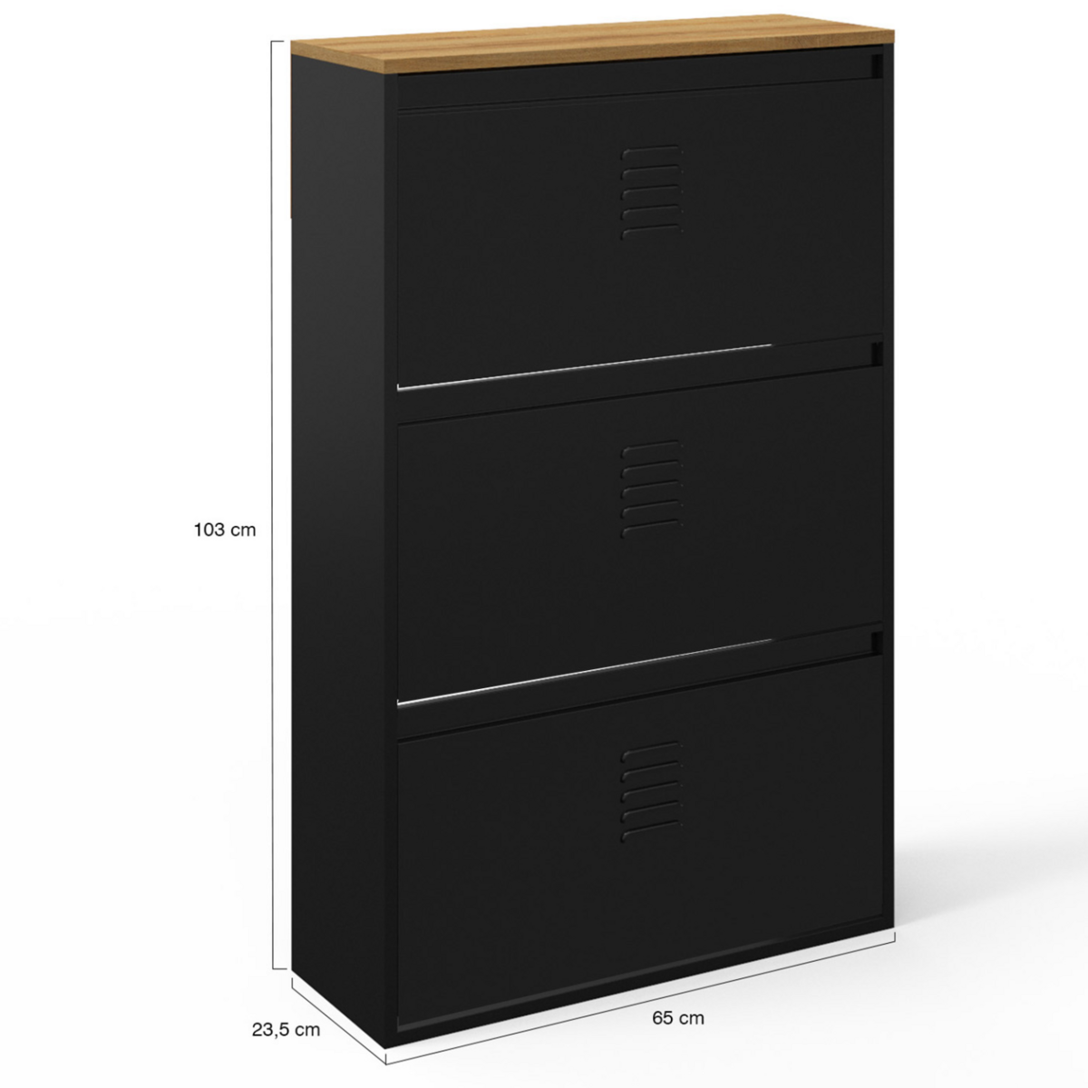 ID MARKET Meuble à chaussures maxi capacité ESTER 3 portes 18 paires métal noir et plateau bois design industriel