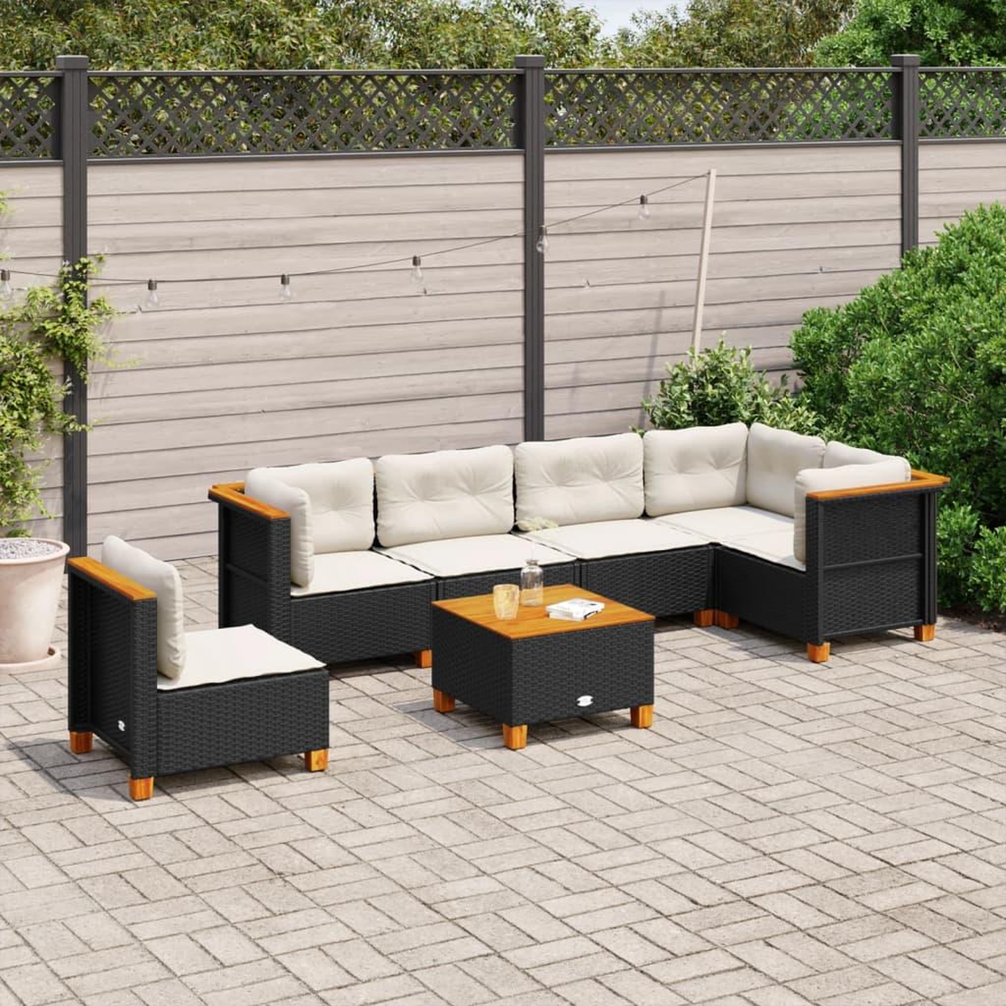 VIDAXL Salon de jardin 7 pcs avec coussins noir resine tressee