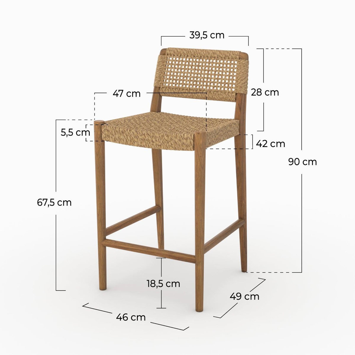 Rendez vous déco Chaise pour îlot central 65 cm en teck vernis et tissage synthétique-Yaba