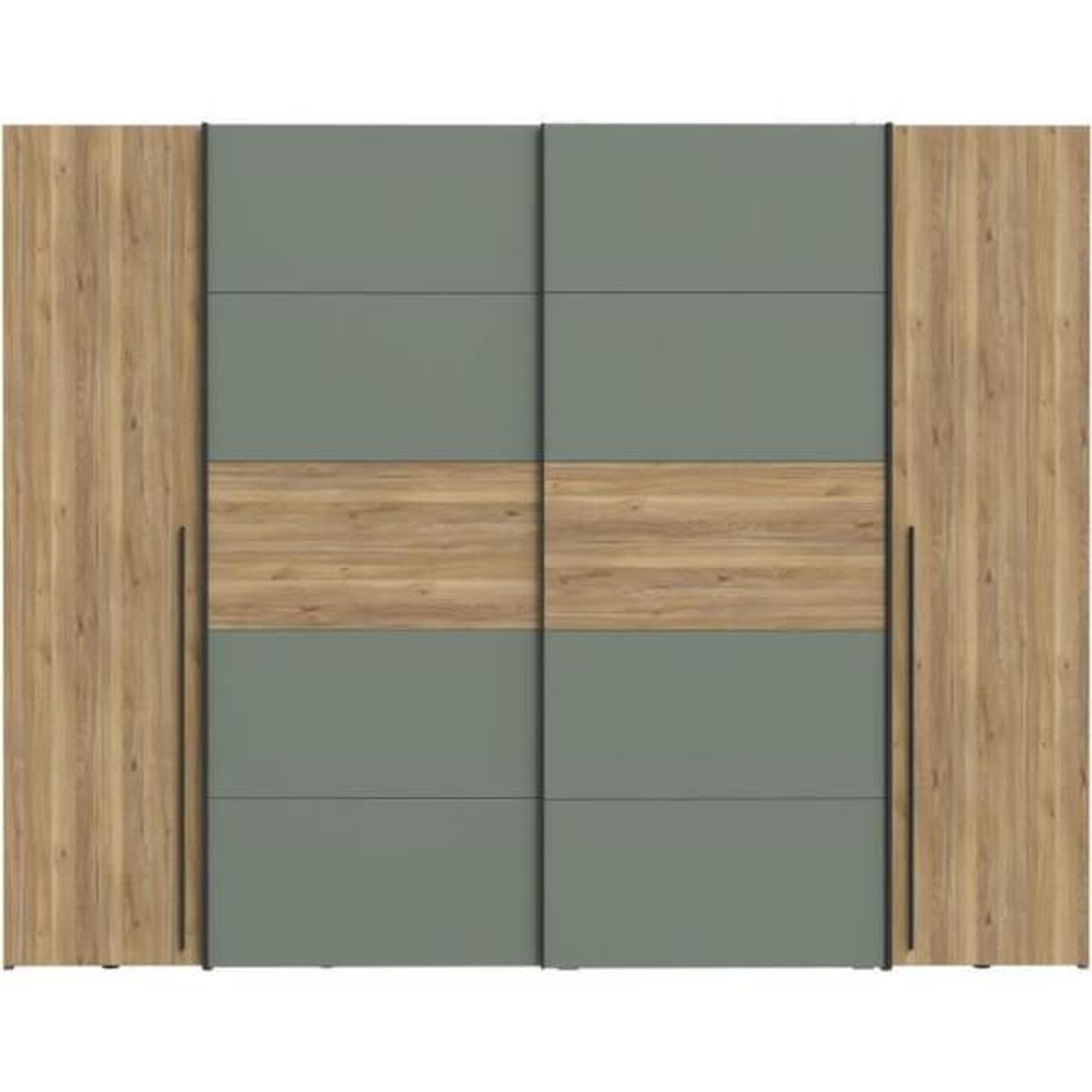 Voir la diapositive 4 : MARKET24 Armoire - Décor Chene et vert Sauge - 2 portes battantes + 2 portes coulissantes - L270 x P61 x H210cm - NARAGO