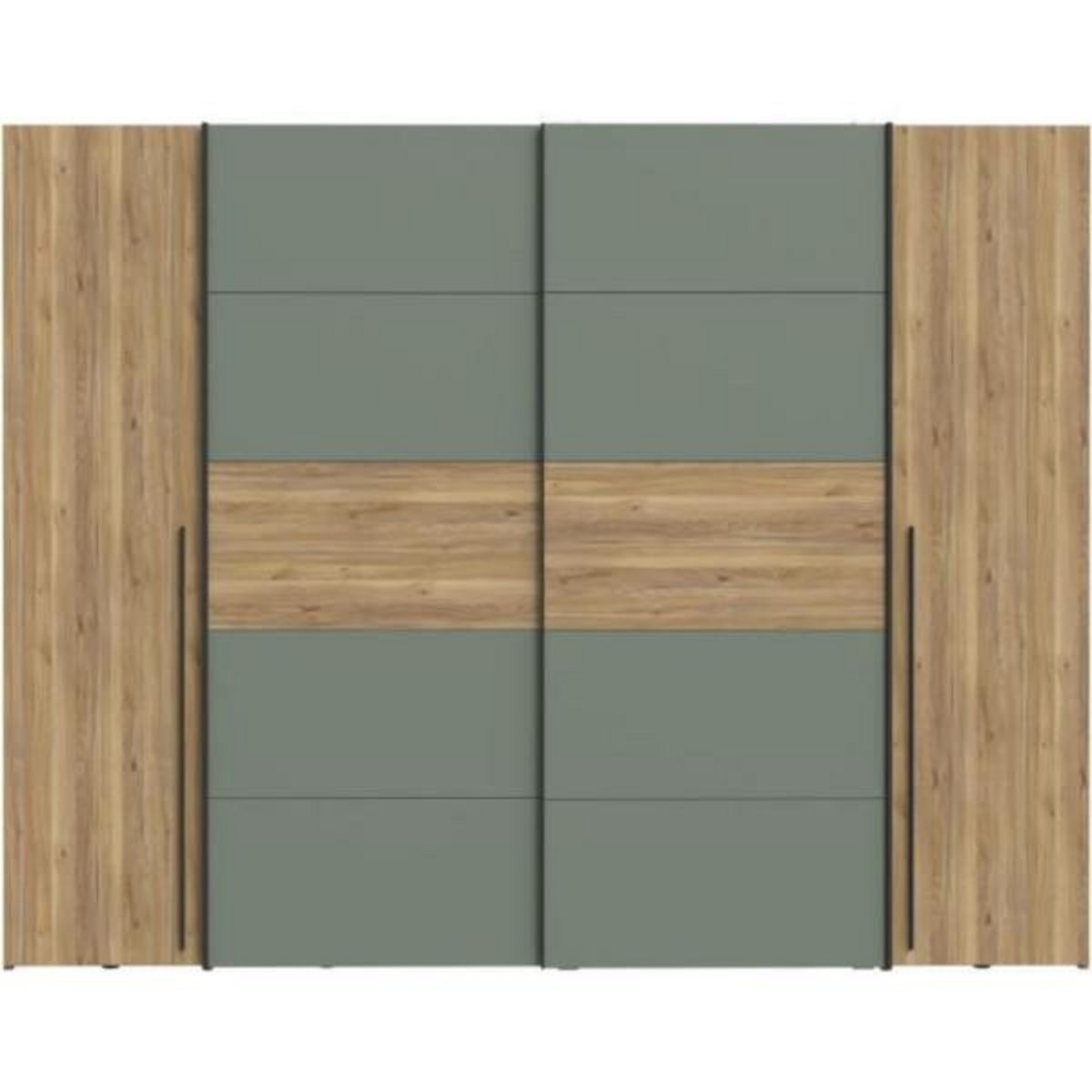 MARKET24 Armoire - Décor Chene et vert Sauge - 2 portes battantes + 2 portes coulissantes - L270 x P61 x H210cm - NARAGO