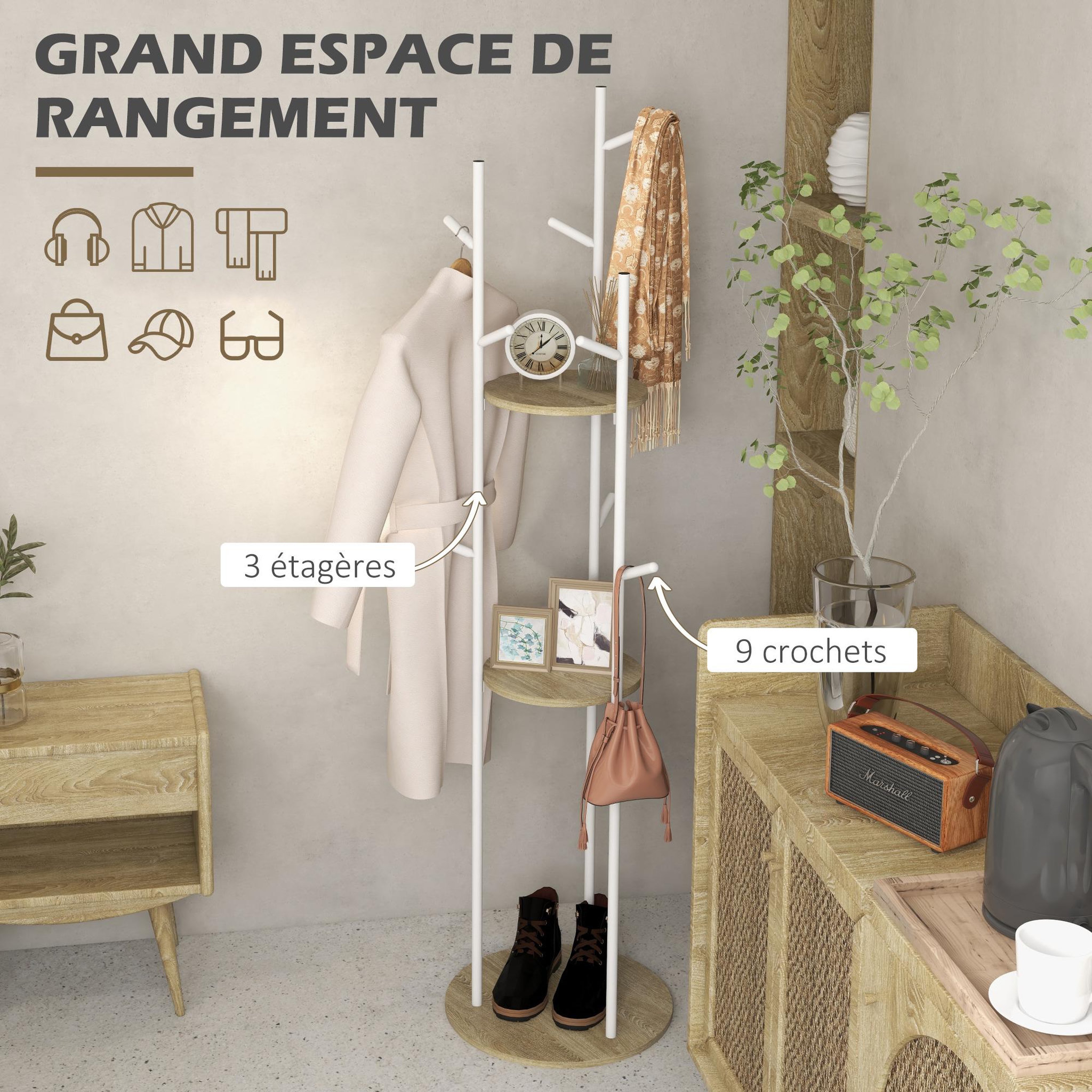 Voir la diapositive 6 : HOMCOM Porte-manteau design contemporain branches 2 étagères 9 patères Ø 40 x 167H cm aspect chêne clair acier blanc