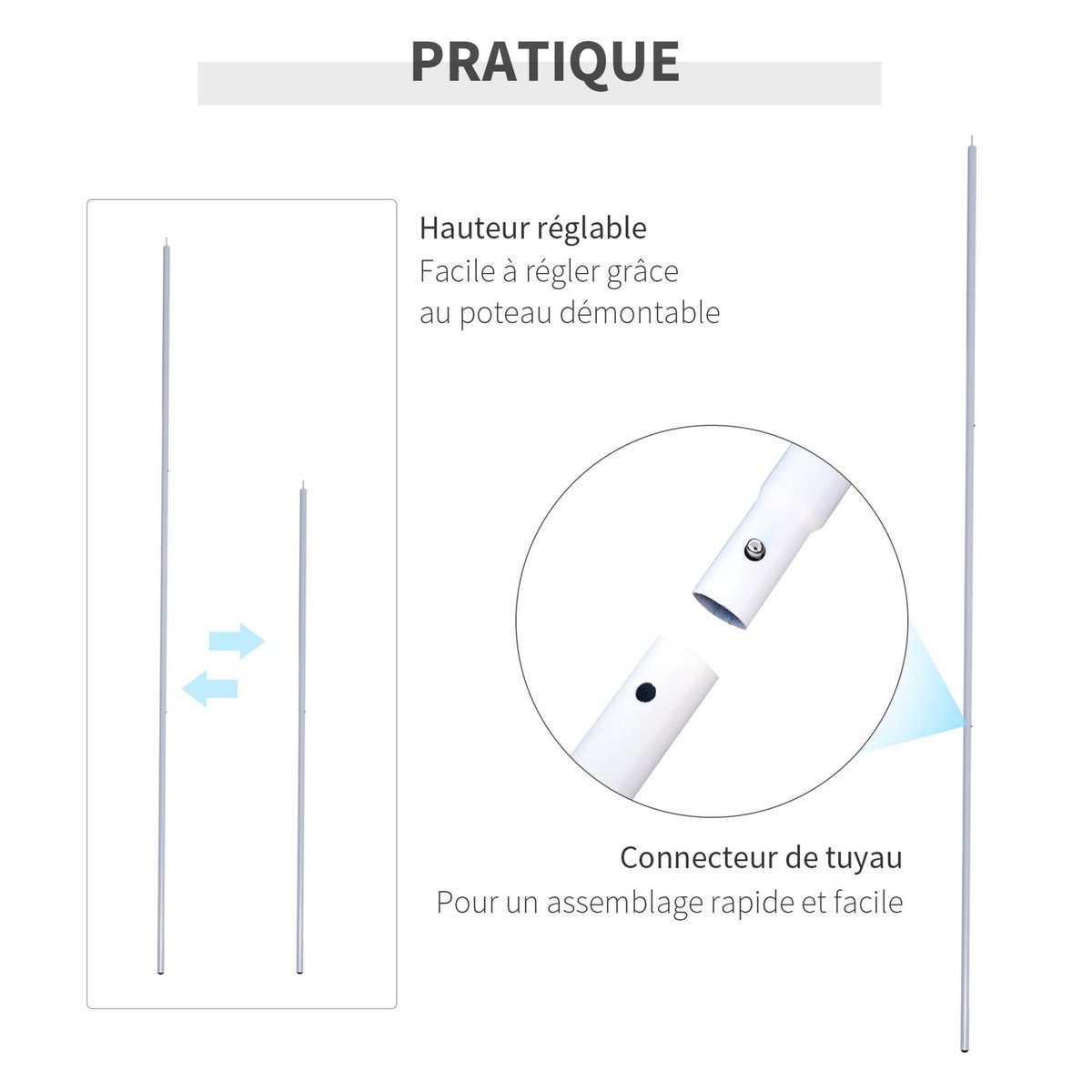 OUTSUNNY Mât de fixation pour voile d'ombrage - poteau pour voile d'ombrage - démontable 3 parties - hauteur réglable, accessoires fournis - Ø 2,5 cm x 3H m - métal blanc