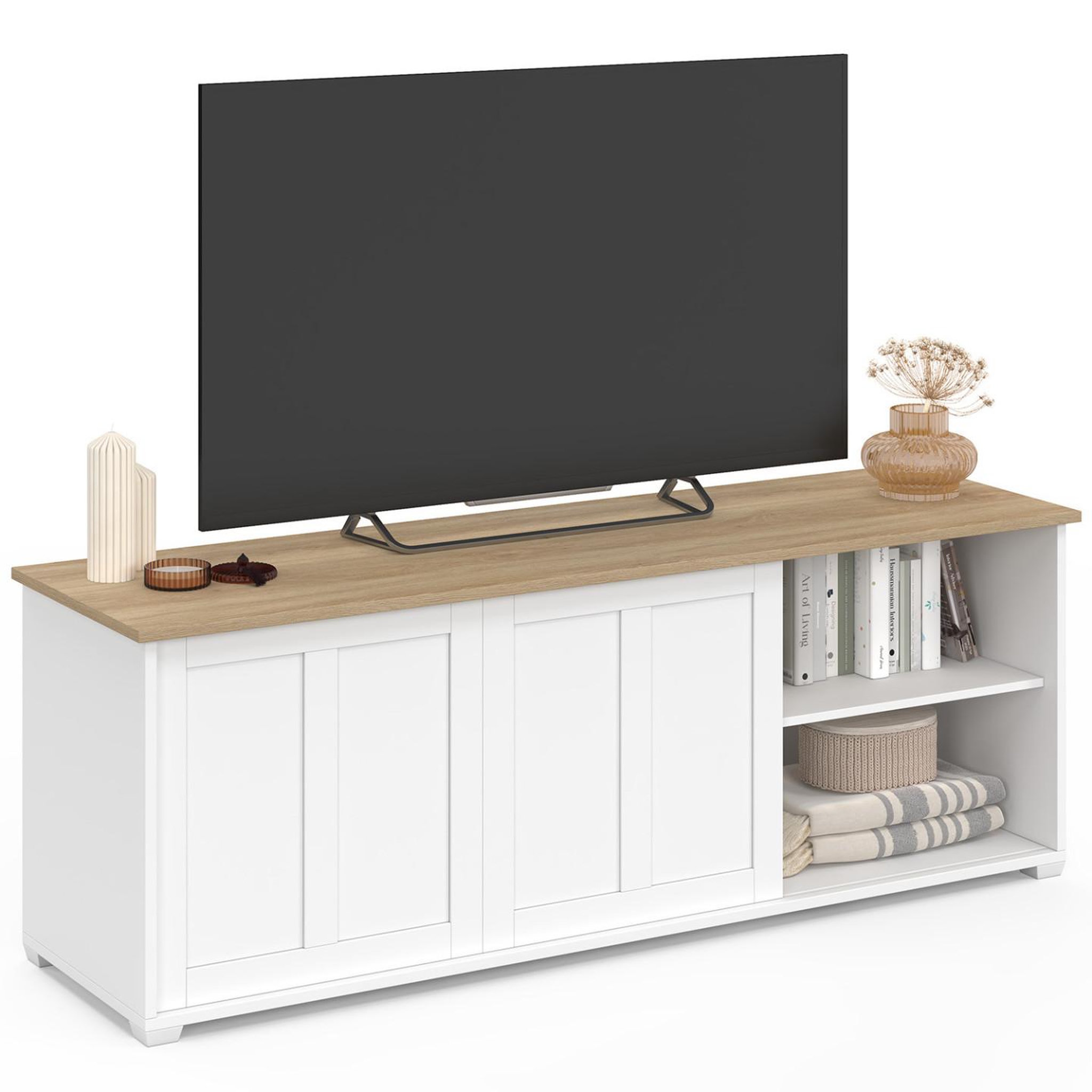 Voir la diapositive 3 : ID MARKET Meuble tv 140 cm  jango 2 portes coulissantes blanc et plateau bois