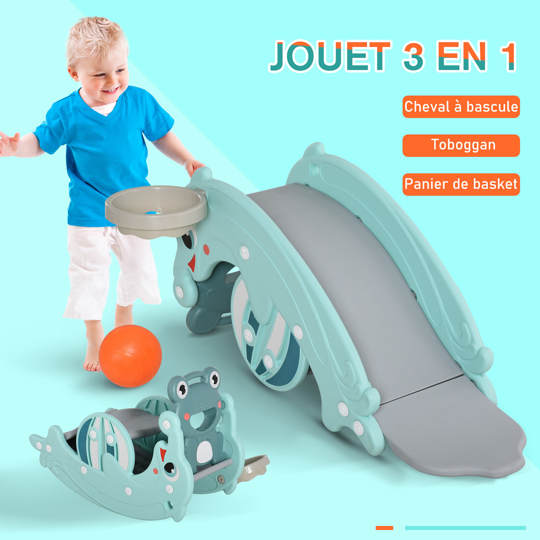 Voir la diapositive 4 : HOMCOM Cheval à bascule grenouille 3 en 1 toboggan panier basket 3 à 5 ans dim. 72L x 34l x 47H cm bleu turquoise